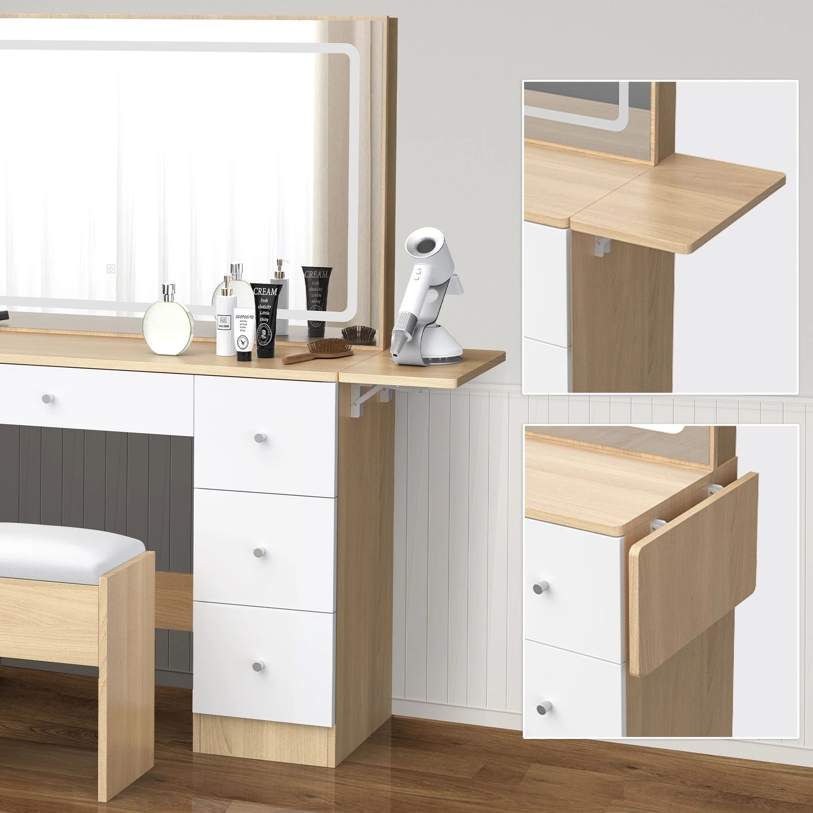 5 Alfordson Dressing Table Stool Set Makeup Mirror LED Vanity Desk 7 Drawers - Wood, 5 of 10