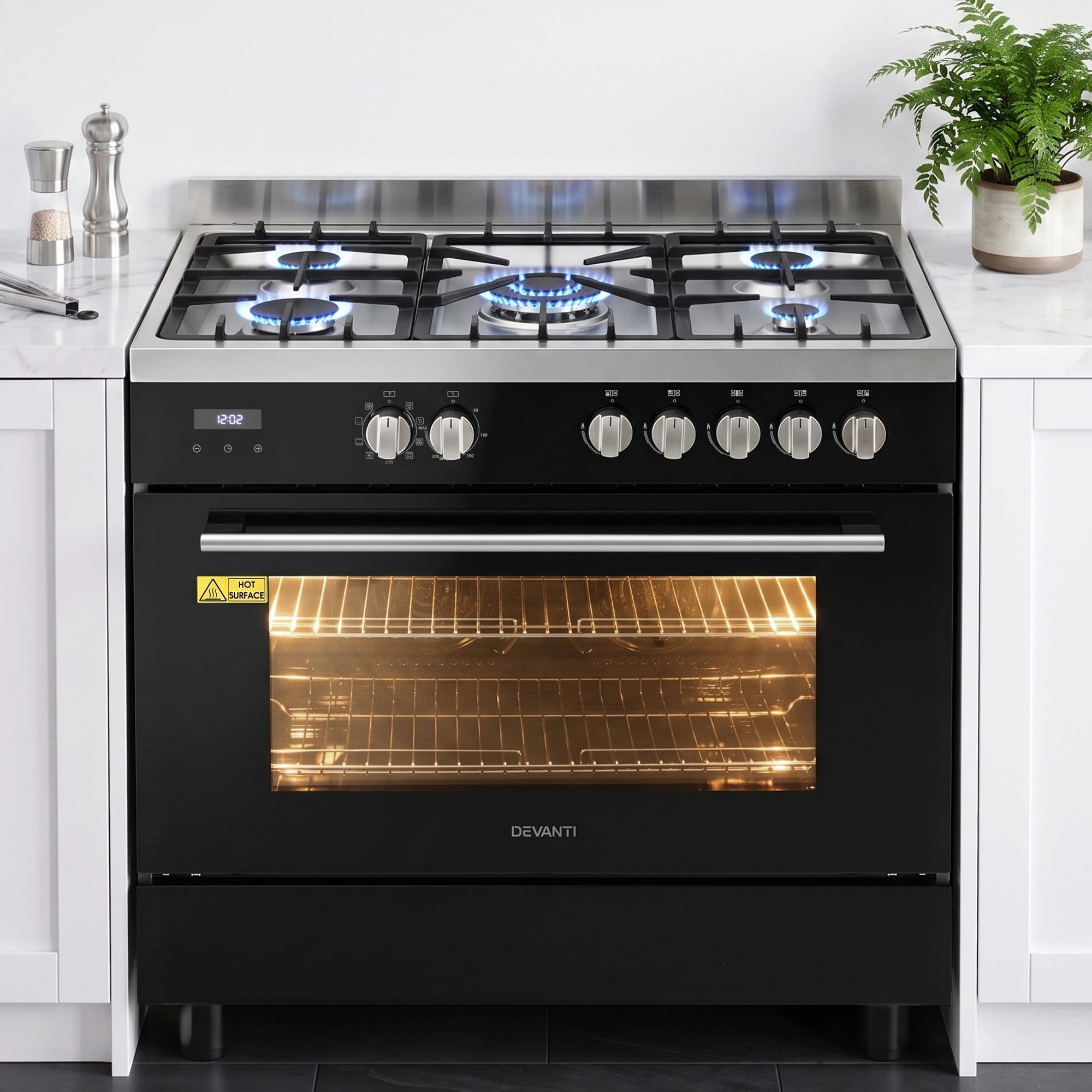 2 Devanti 90cm Dual Fuel Oven Cooker Gas Cooktop Electric Oven - Black, 2 of 9