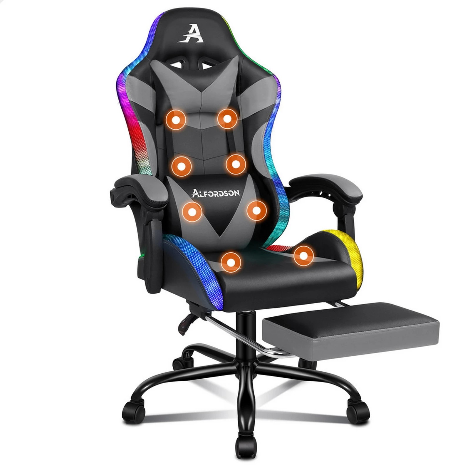 1 Alfordson Gaming Chair Office Massage 12 RGB LED Computer Seat PU Leather - Grey, 1 of 10