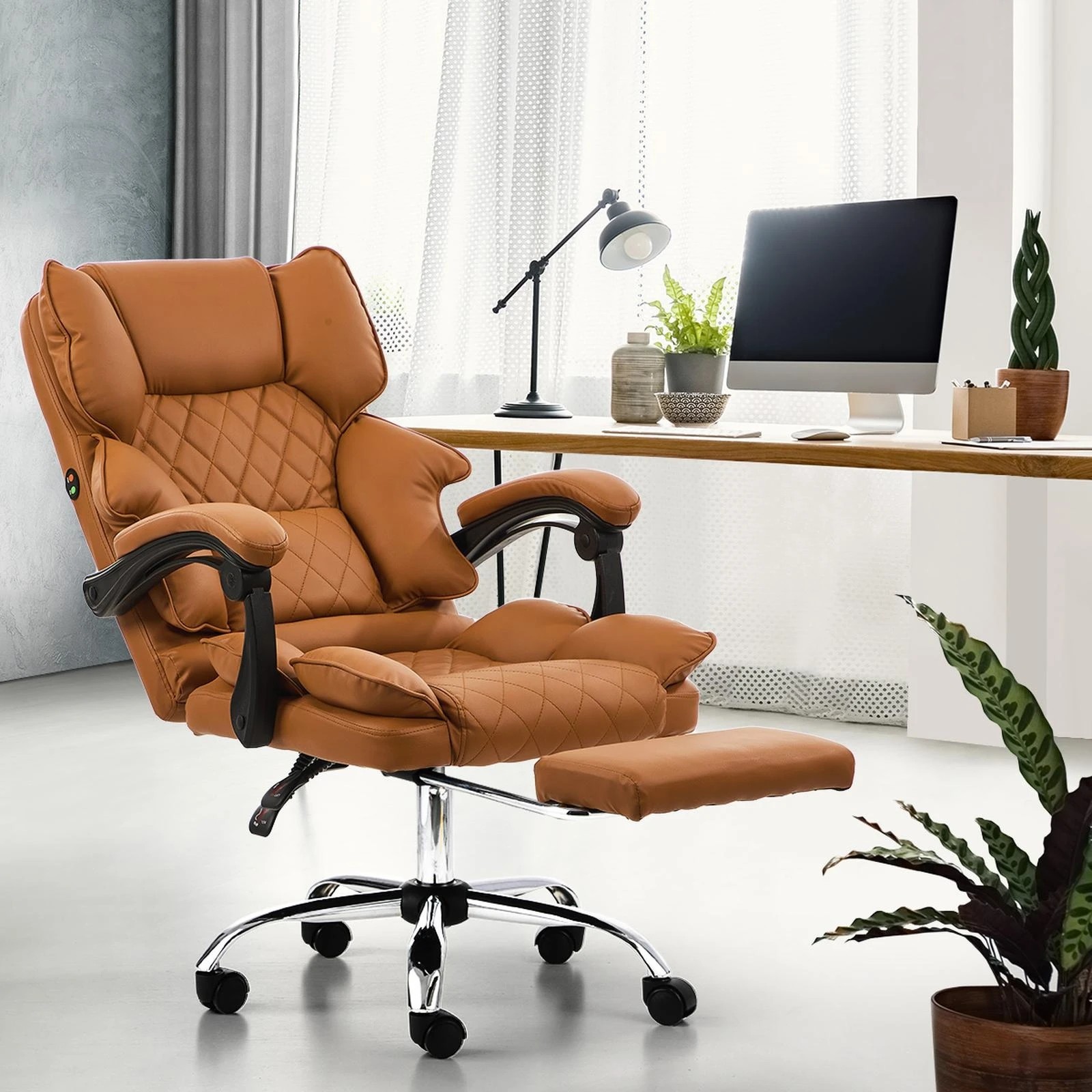 3 Oikiture Massage Office Chair Recliner Racing Computer Chairs PU Footrest - Brown, 3 of 7