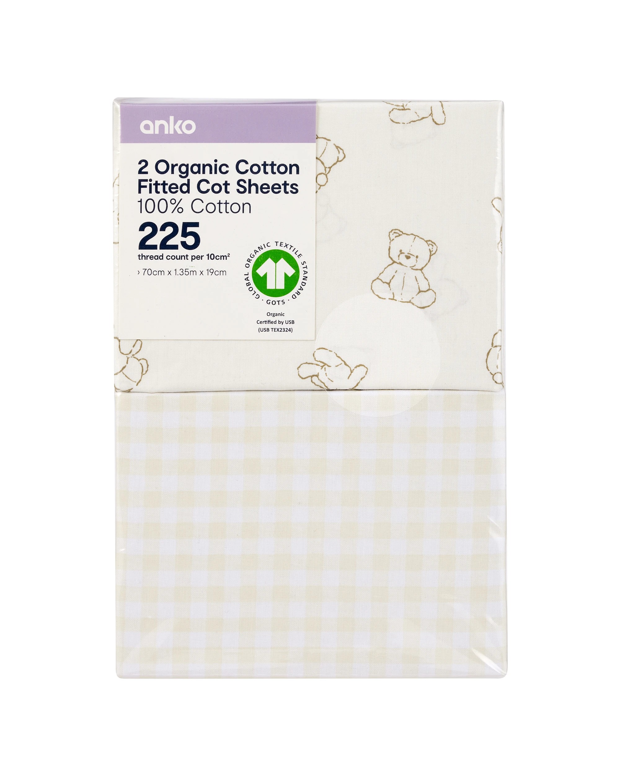 6 2 Pack 225 Thread Count Organic Cotton Fitted Cot Sheets - Bears and Checkered, 6 of 6