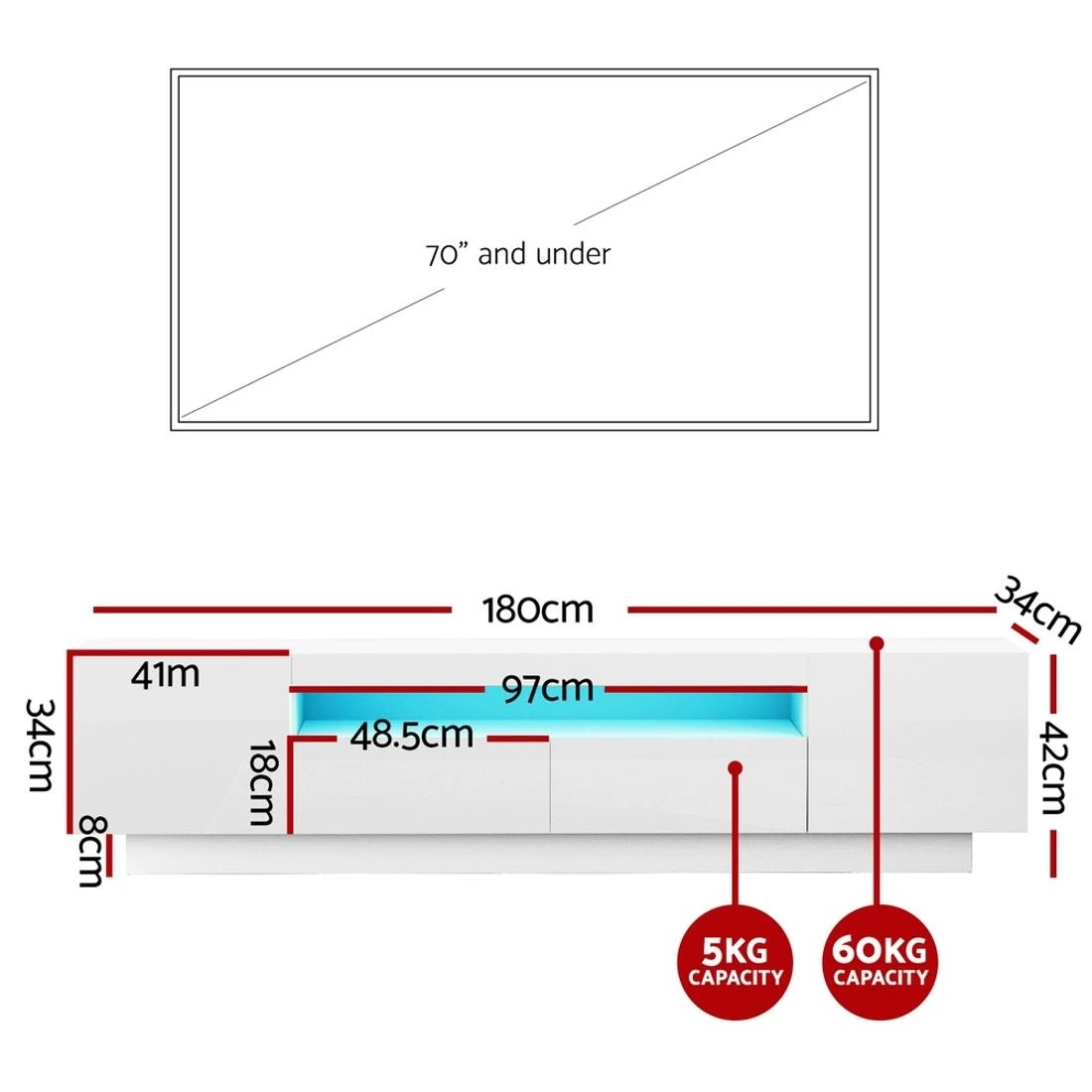 4 Artiss TV Unit Entertainment Unit Storage Drawer RGB LED 180cm - White, 4 of 8