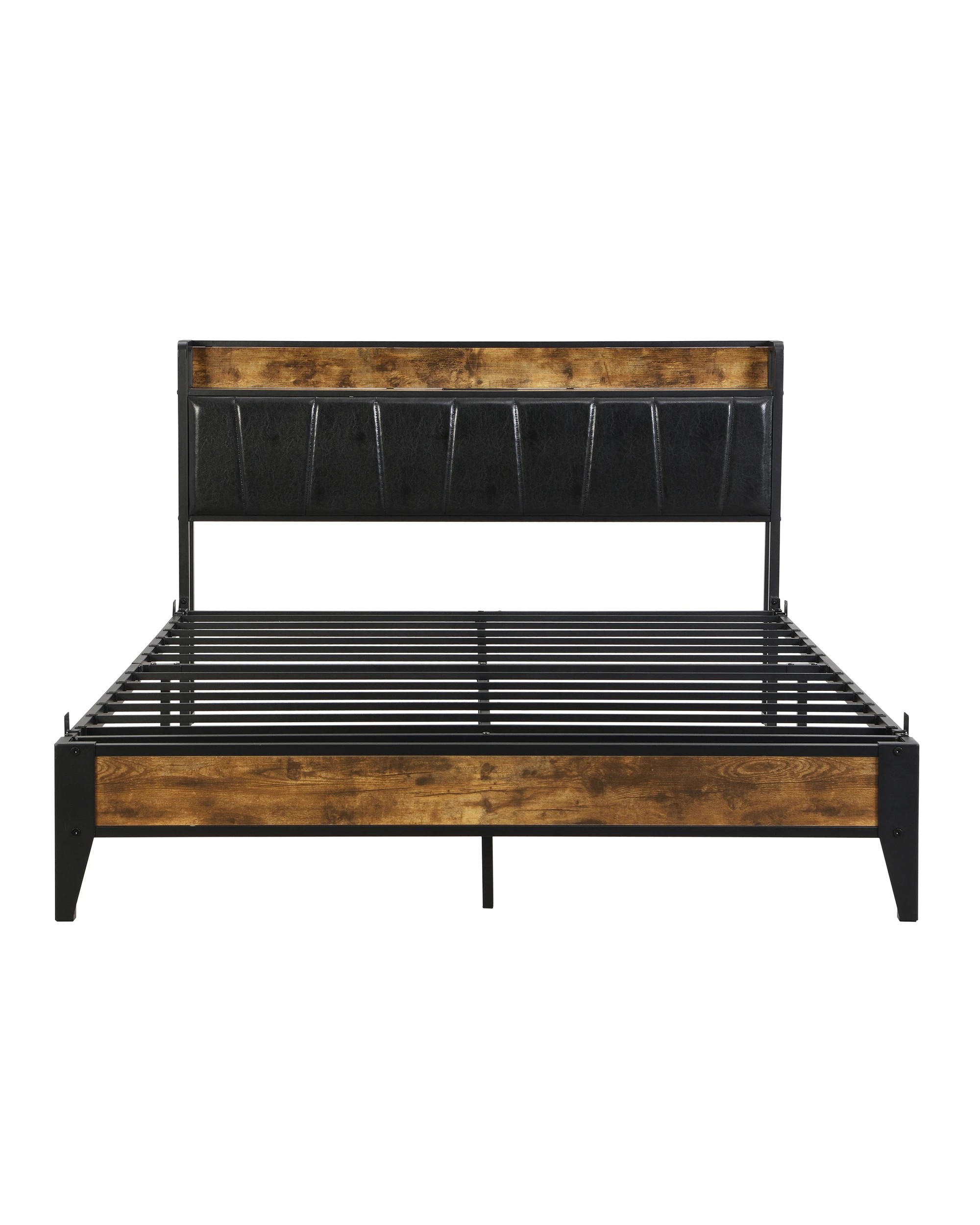 1 IHOMDEC BED03 Double Bed Frame Charging Station - Brown - Brown, 1 of 10