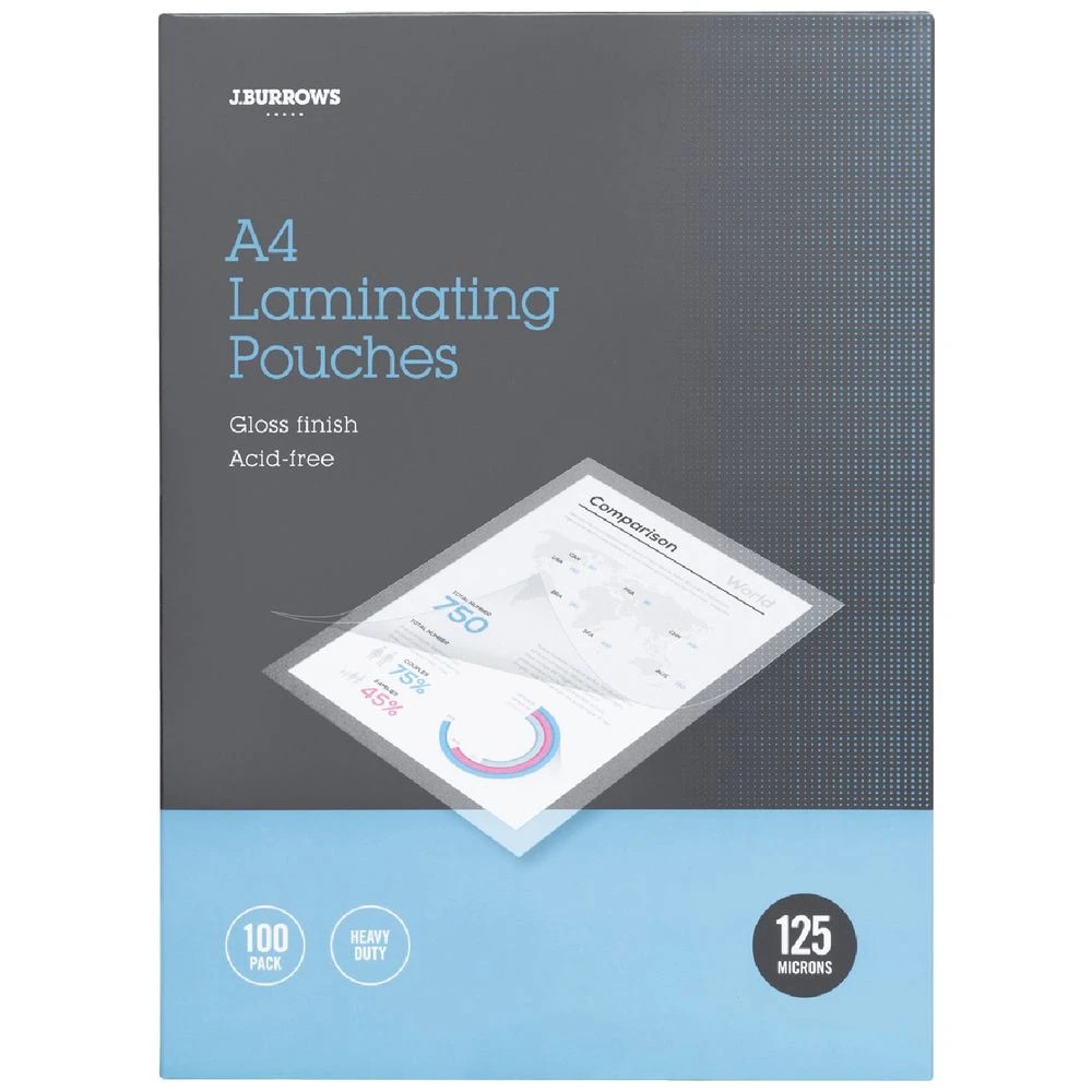 1 J.Burrows A4 Laminating Pouches 125 Micron 100 Pack Clear, 1 of 2