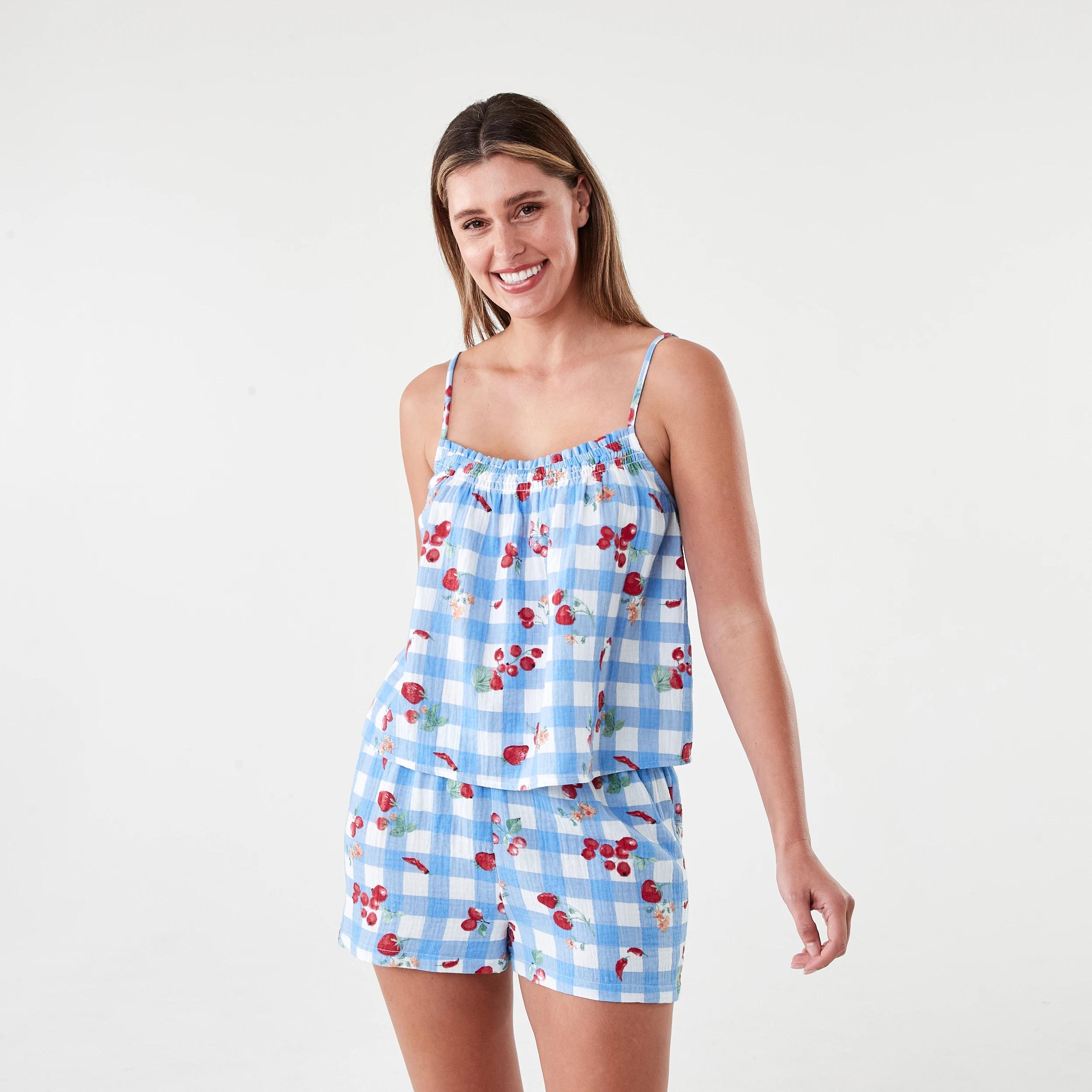 1 Sleeveless Double Cloth Cami and Shorts Pyjama Set Fruit Ging, 1 of 8