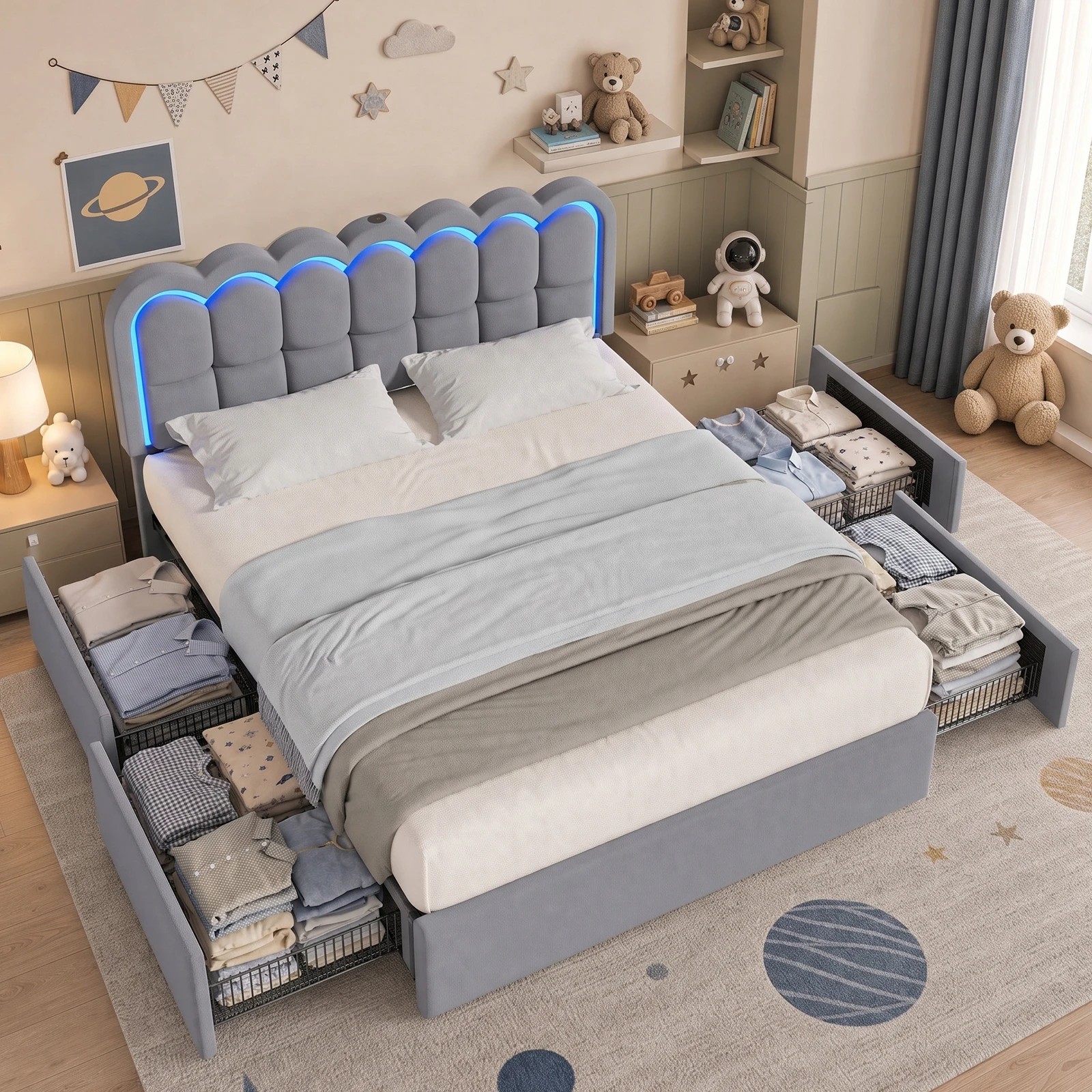 2 Advwin Queen Hidden Storage Bed Frame with Charging Station - Grey, 2 of 8