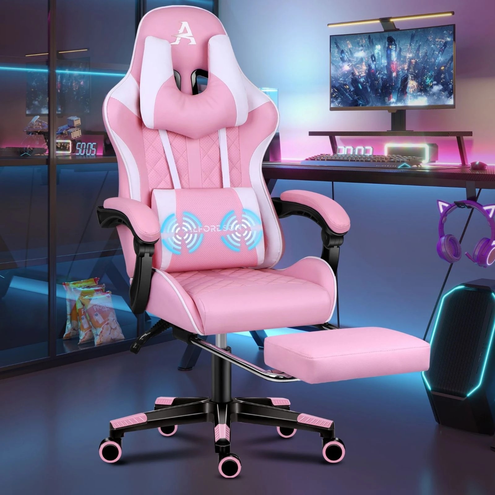9 Alfordson Gaming Chair Office Racer Large Lumbar Cushion Footrest Seat Leather - Pink, 9 of 10