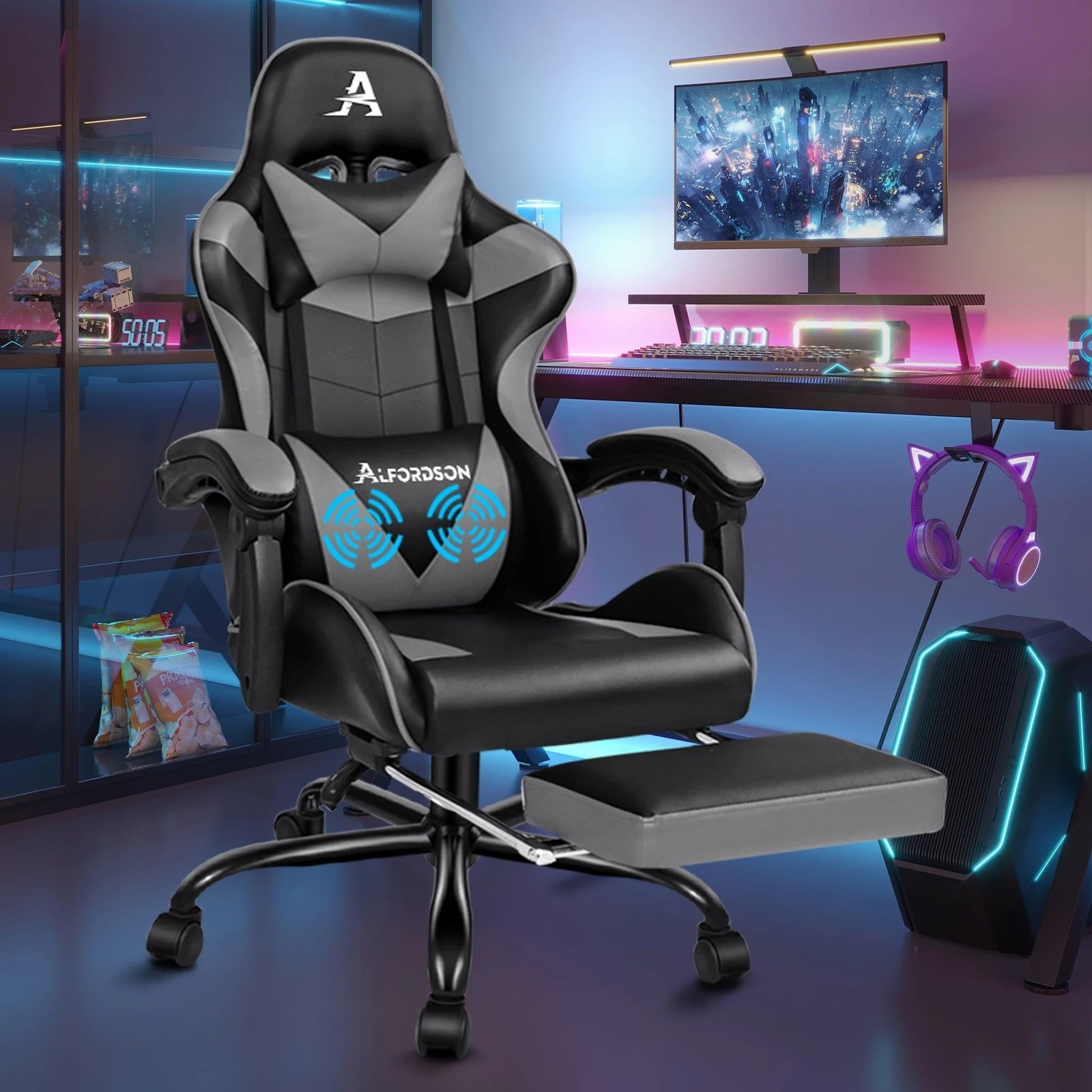 2 Alfordson Gaming Chair Office Executive Racing Footrest Seat PU Leather - Grey, 2 of 10