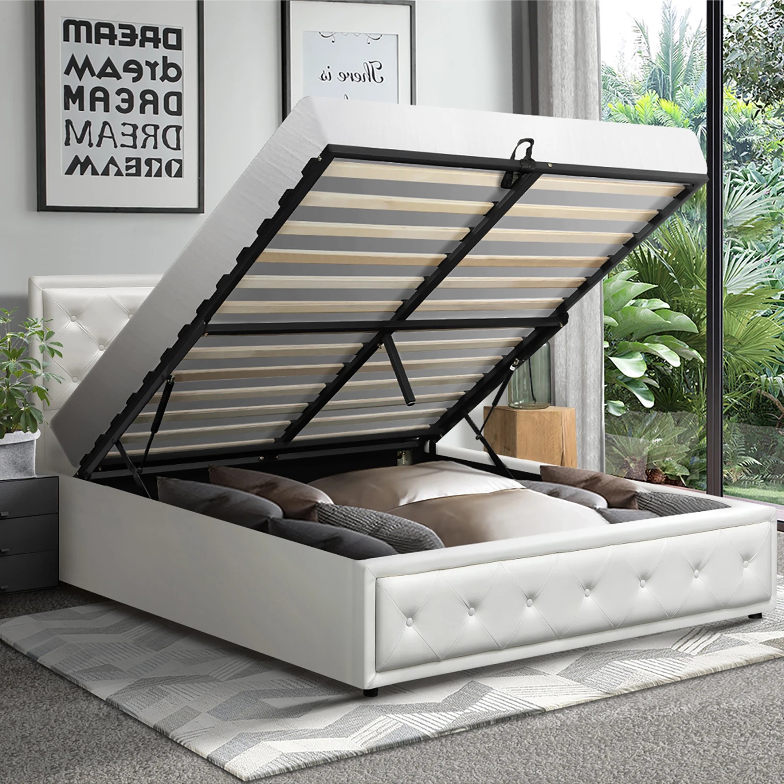 3 Oikiture Double Bed Frame Gas Lift Base With Storage Enzo
 - White, 3 of 10