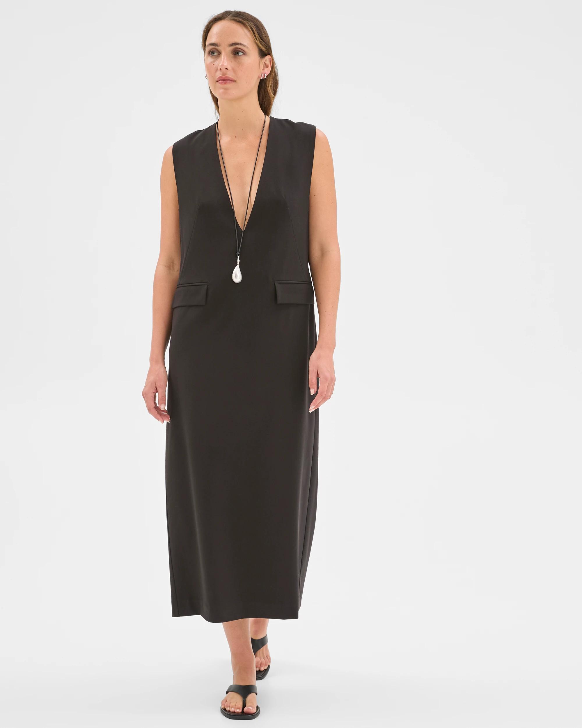 6 Preview Deep V-Neck Column Midi Dress BLACK, 6 of 7