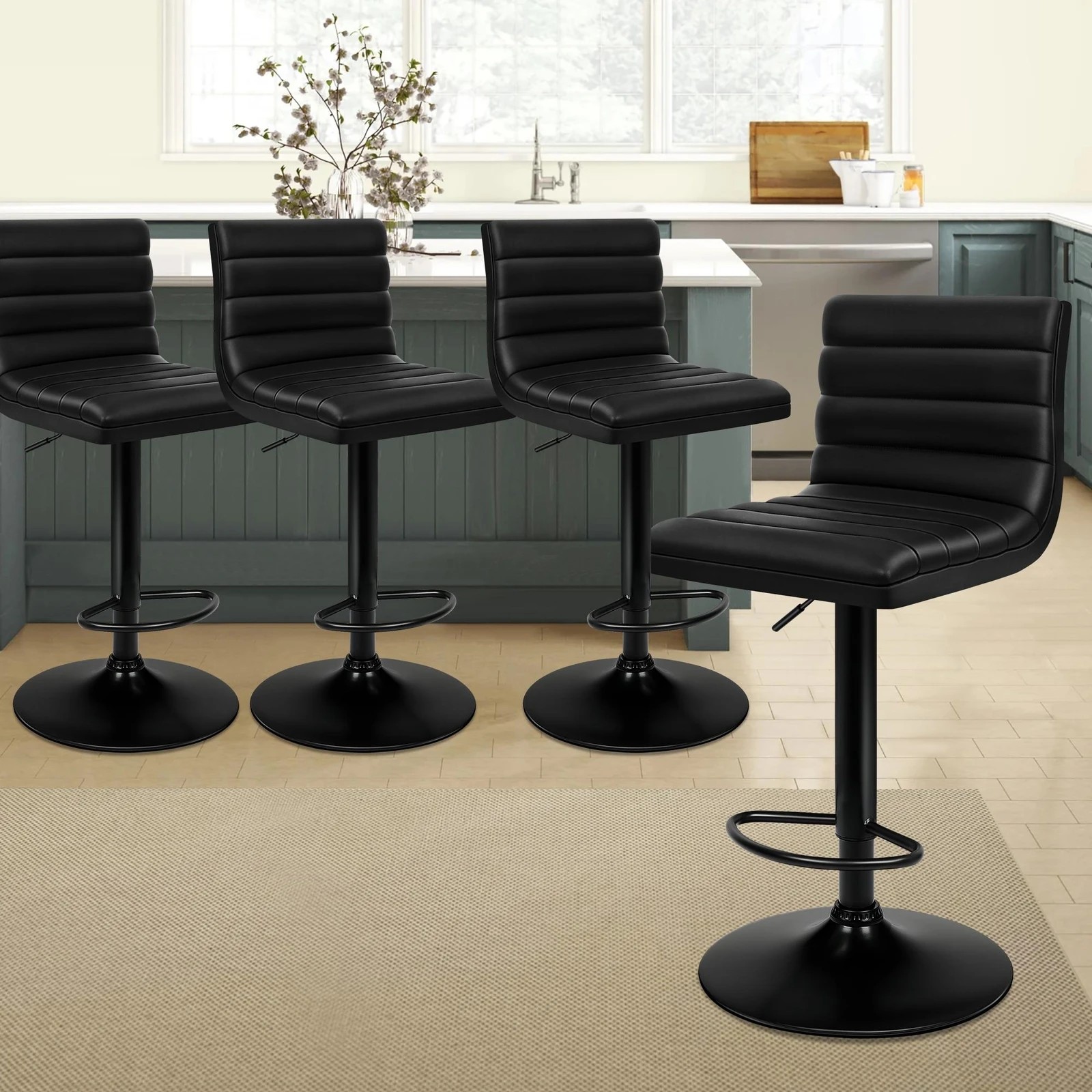 2 Alfordson 4x Bar Stools Ruel Kitchen Swivel Chair Leather Gas Lift - Black, 2 of 10