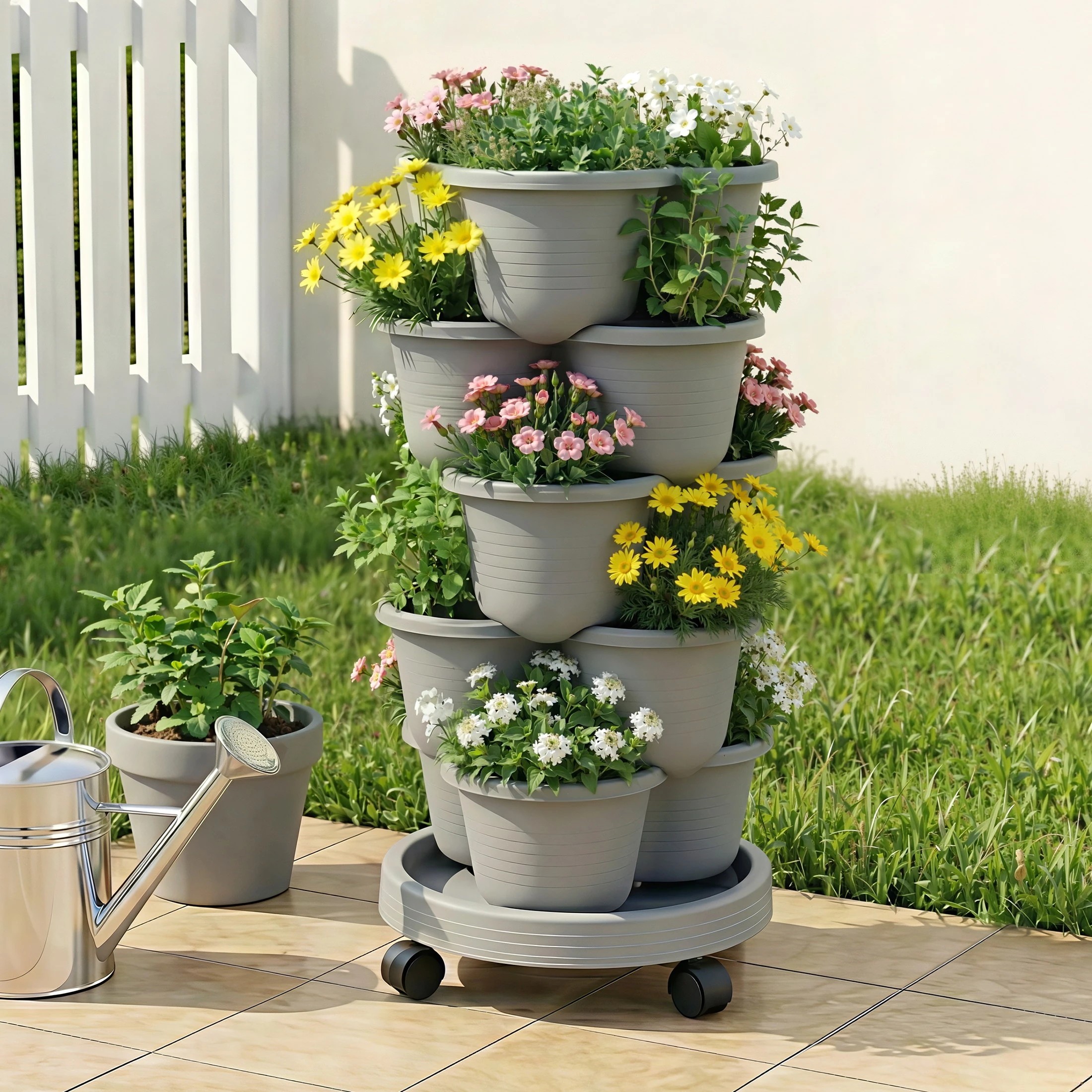 4 Green Fingers 5 Tier Vertical Garden Planter Movable Stackable Strawberry Pots with 4 Wheels - Grey, 4 of 4