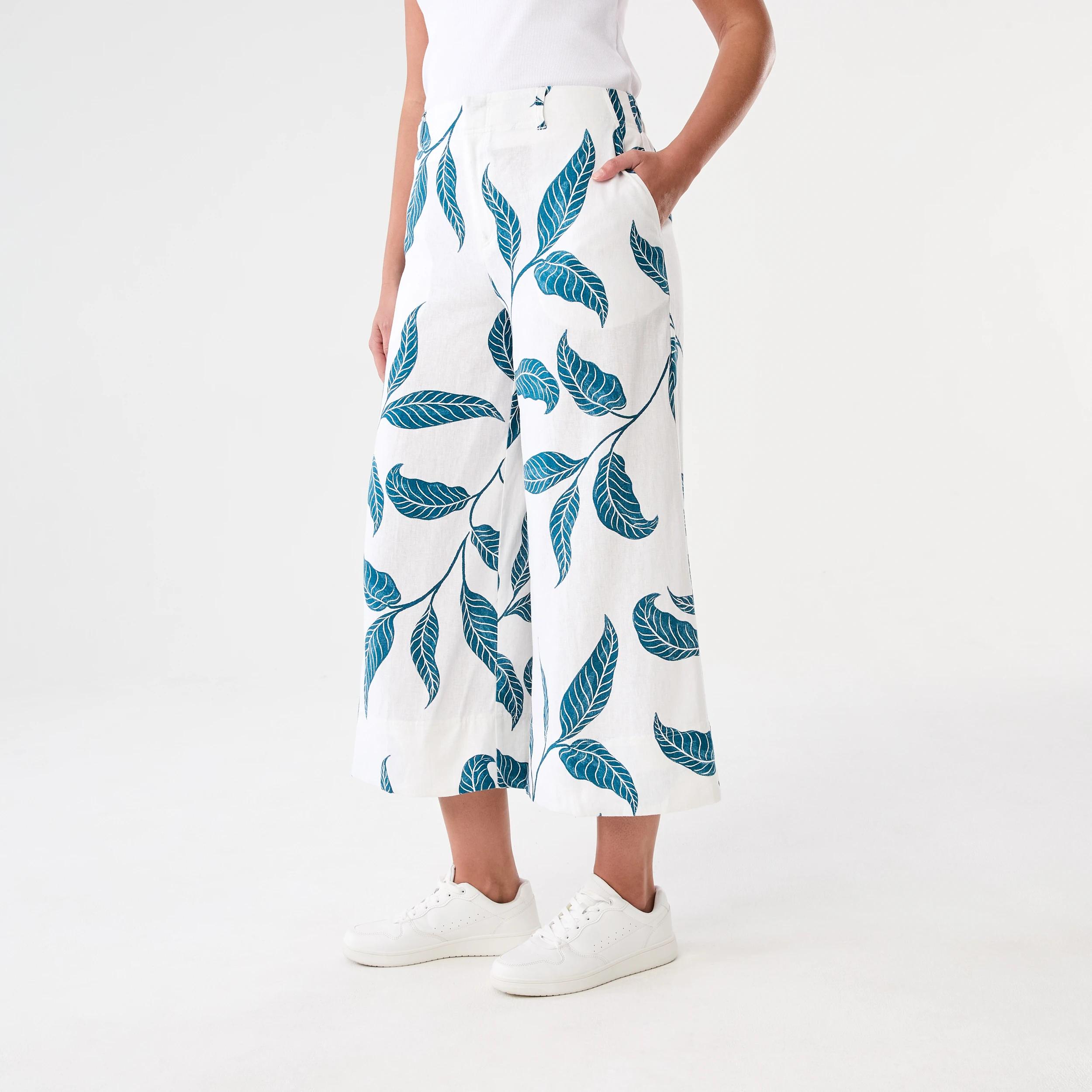 2 Printed Linen Blend Pants Teal Leaf, 2 of 5