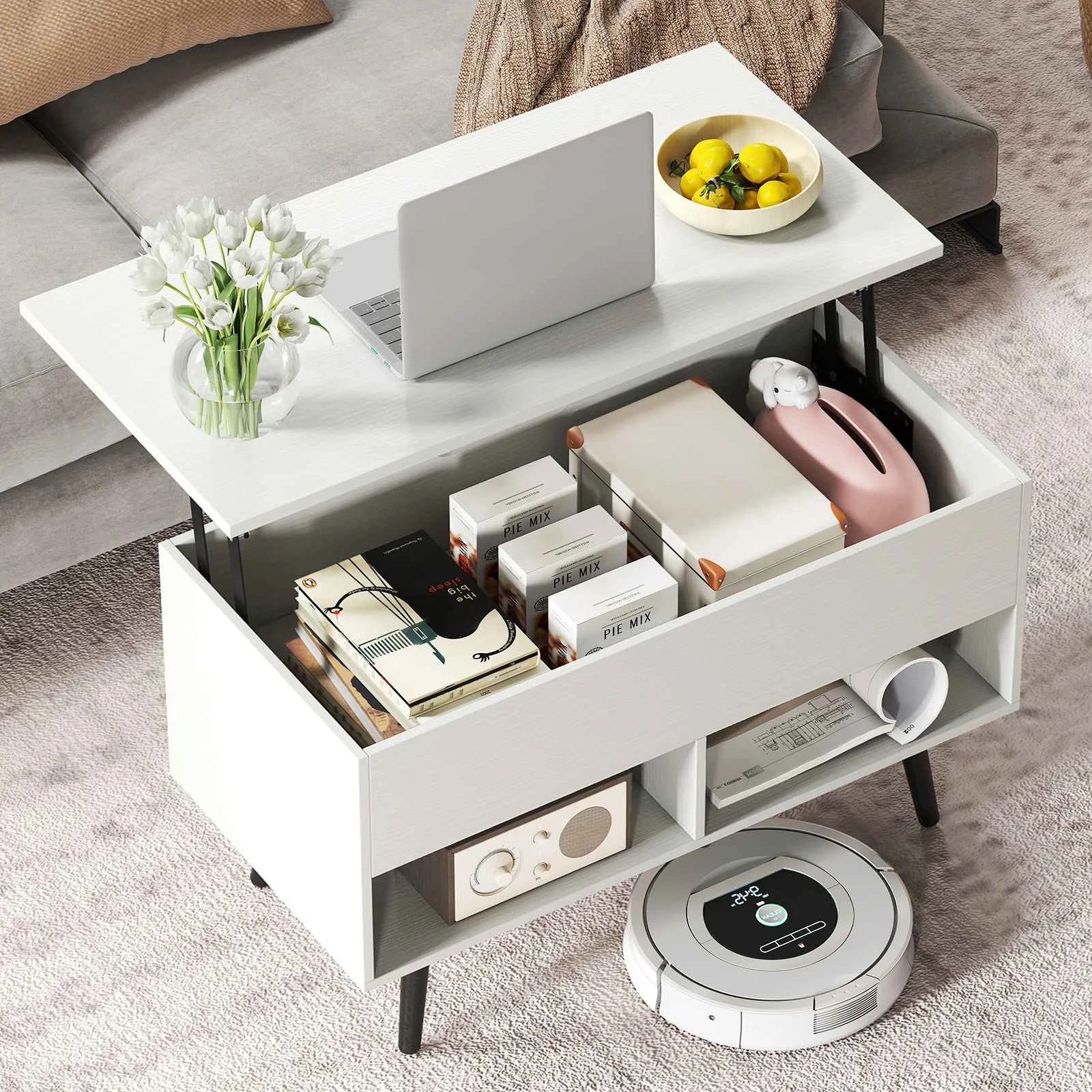 2 Costway 80cm Lift Top Coffee Table Modern Dining Table w/Hidden Storage Compartment - White, 2 of 5