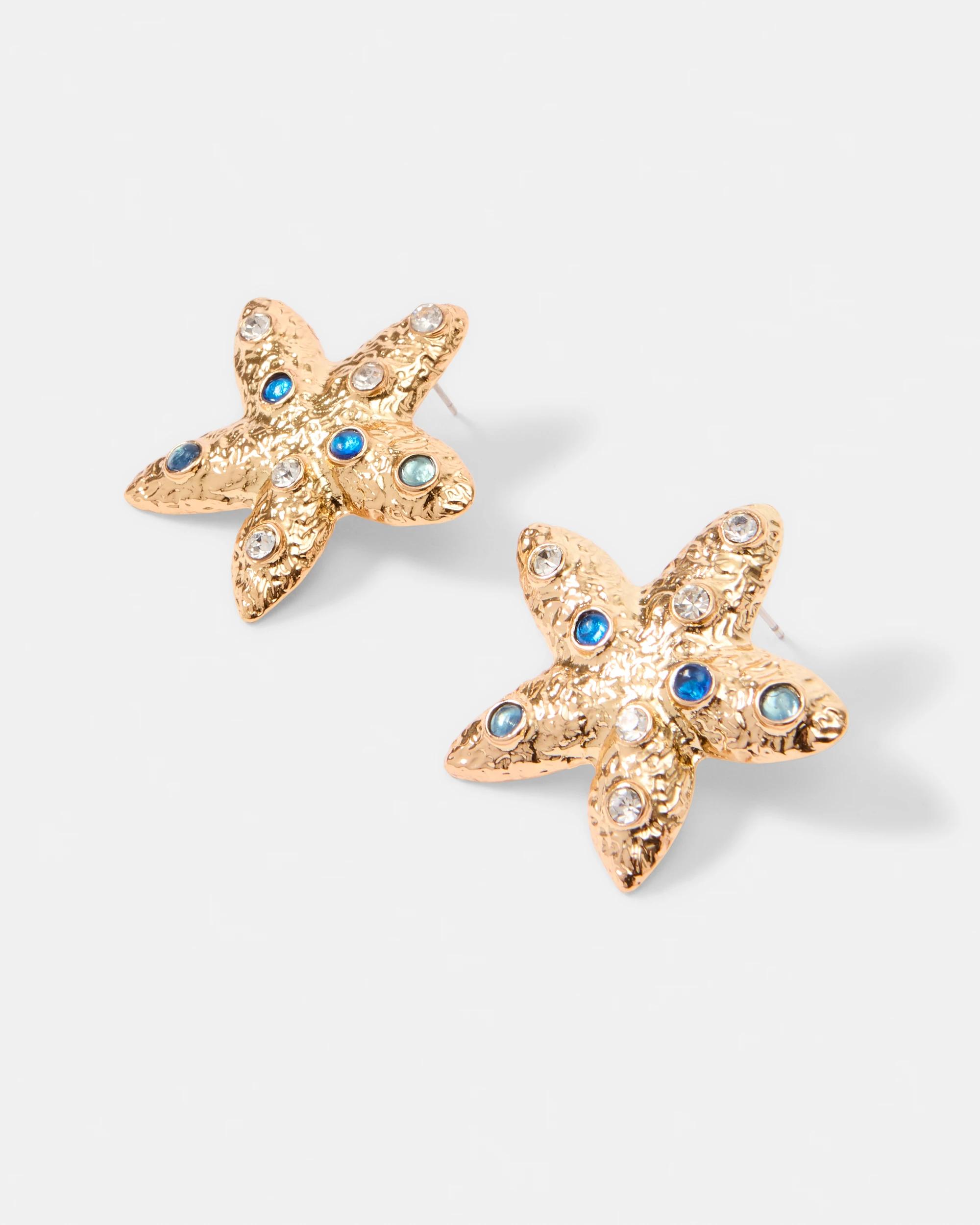 2 Diamante Starfish Stud Earrings - Gold Tone Gold, 2 of 5