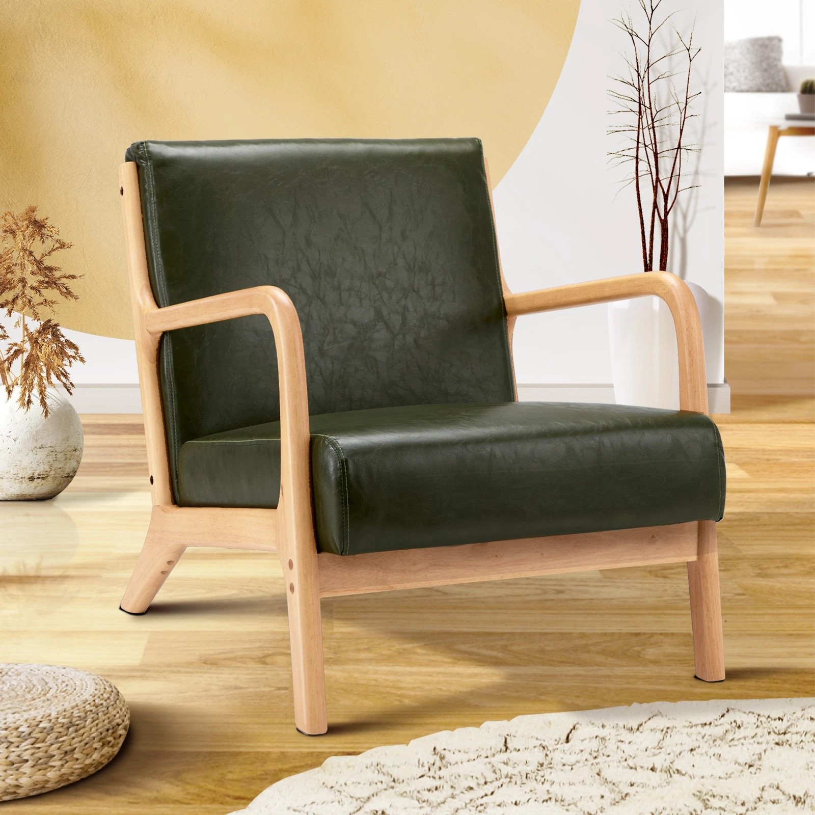 2 Oikiture Armchair Lounge Chair Accent Armchairs Couches Sofa Wood Pu
 - Green, 2 of 10