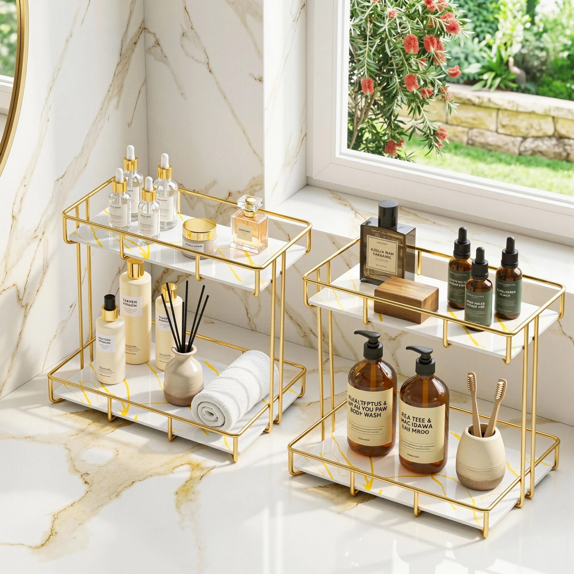 9 Artiss 2X Bathroom Storage Rack 2 Tier Corner Organiser Gold Marble Look - Gold, 9 of 9