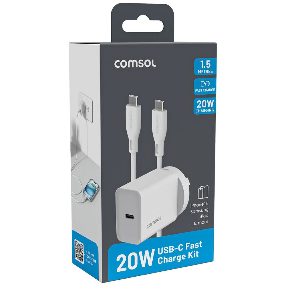 2 Comsol USB-C Wall Charger 20W with 1.5m Cable White, 2 of 5