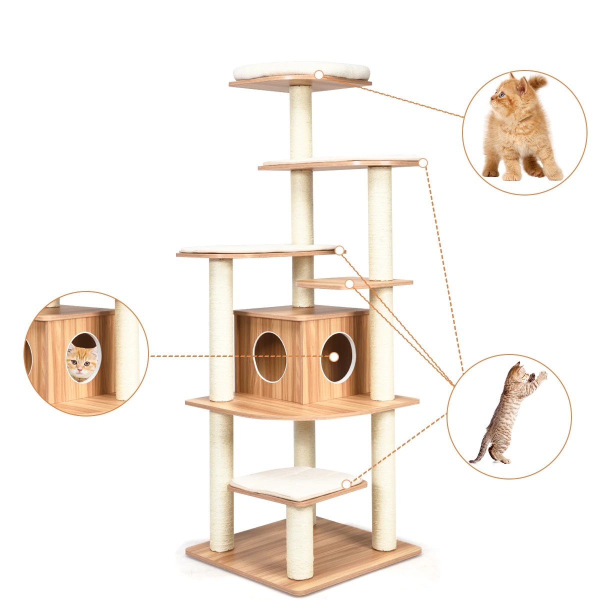 4 Costway 179cm Tall Wooden Cat Tree 7-Layer Cat Tower w/Cat Condo - Natural, 4 of 7