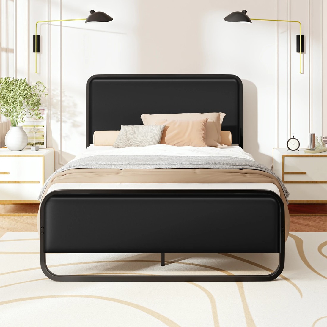 4 Alfordson Metal Bed Frame Single Size Upholstered Headboard Leather Madge - Black, 4 of 10