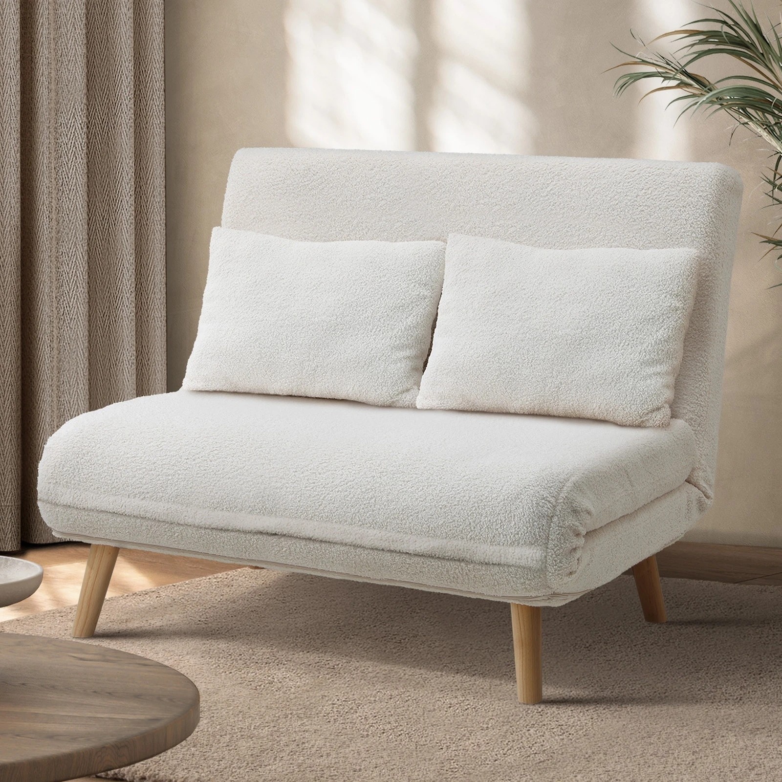 2 Oikiture Sofa Bed Lounge Chair Sherpa Fabric Recliner Wood Leg 2 Seater
 - White, 2 of 8