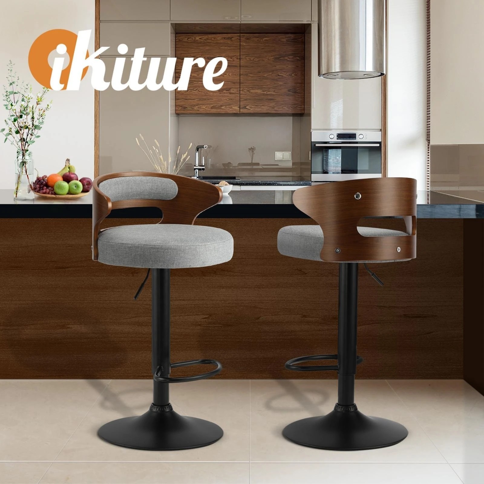 9 Oikiture Set Of 4 Bar Stools Kitchen Gas Lift Swivel Chairs Stool Barstool
 - Grey, 9 of 10