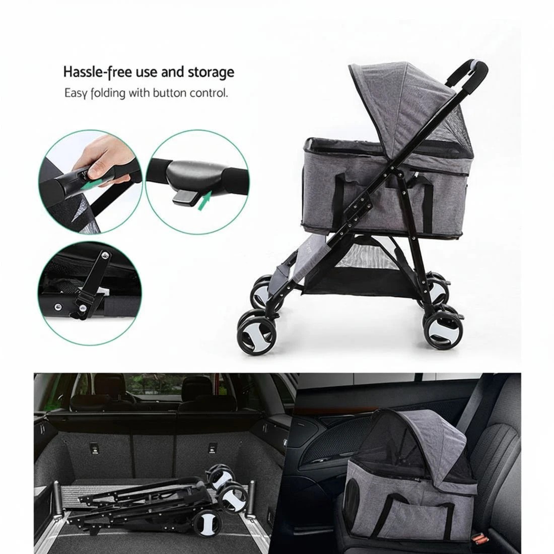 5 i.Pet Pet Stroller Dog Pram Cat Carrier Travel Large Pushchair Foldable 4 Wheels - Grey, 5 of 6