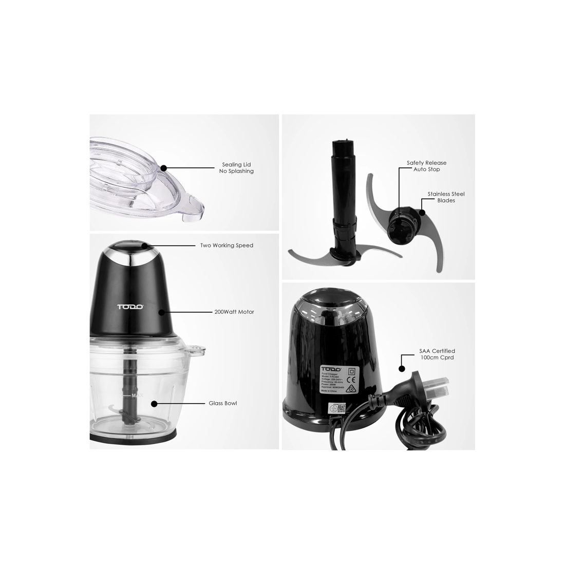 5 TODO 1L Food Chopper Processor Glass Bowl 2 Speed 200W Stainless Steel Blade, 5 of 6