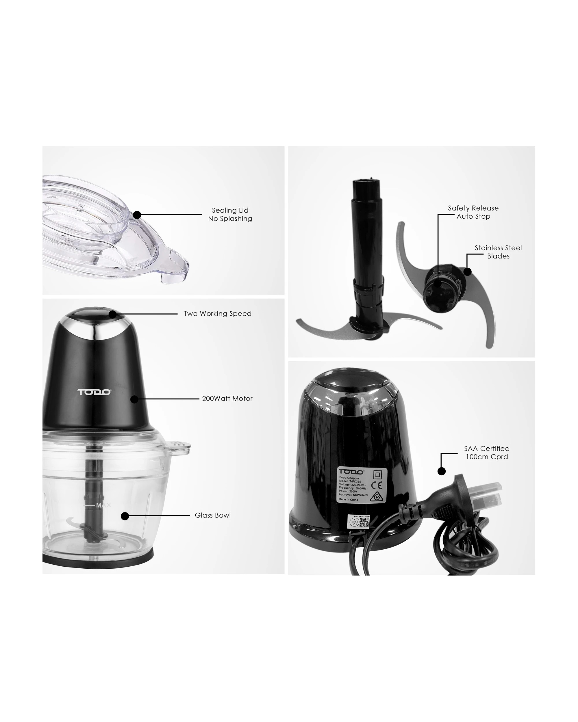 5 TODO 1L Food Chopper Processor Glass Bowl 2 Speed 200W Stainless Steel Blade, 5 of 6