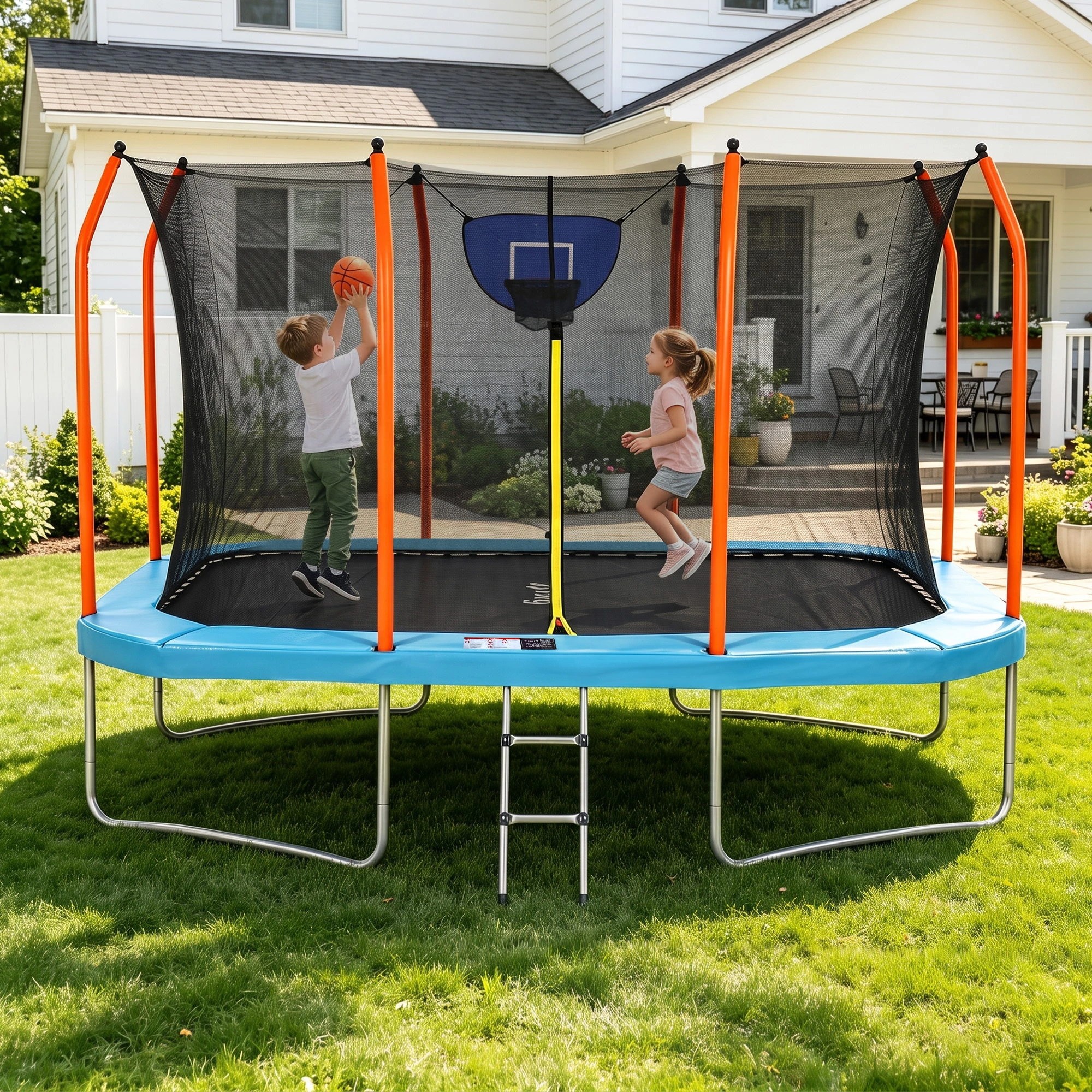 9 Everfit 12FT Kids Rectangle Trampoline Rebounder with Basketball Set Enclosure Net Ladder - Blue, 9 of 9