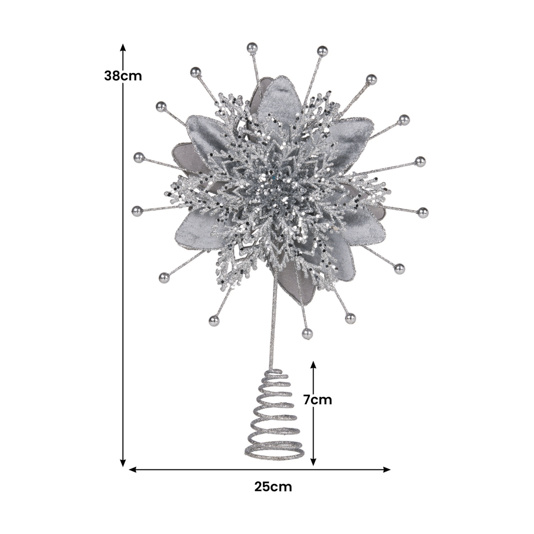 3 Christabelle Christmas Tree Topper Poinsettia Decoration Ornament Shimmering Silver Glittered Petals, 3 of 4