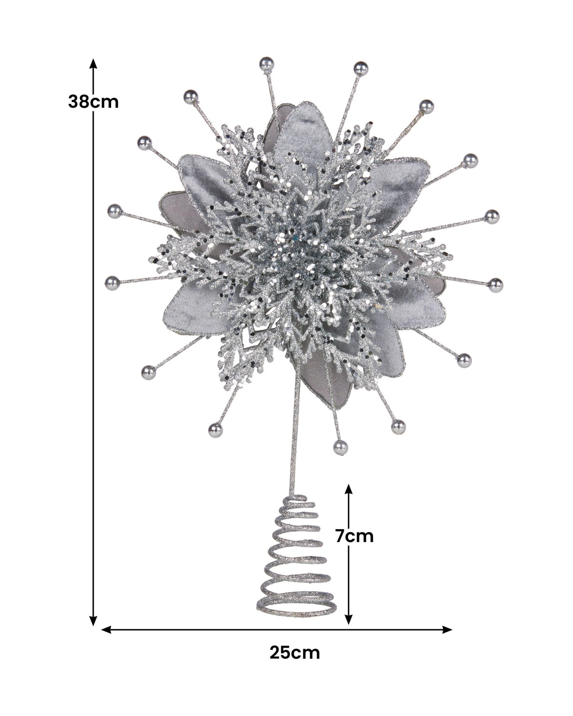3 Christabelle Christmas Tree Topper Poinsettia Decoration Ornament Shimmering Silver Glittered Petals, 3 of 4