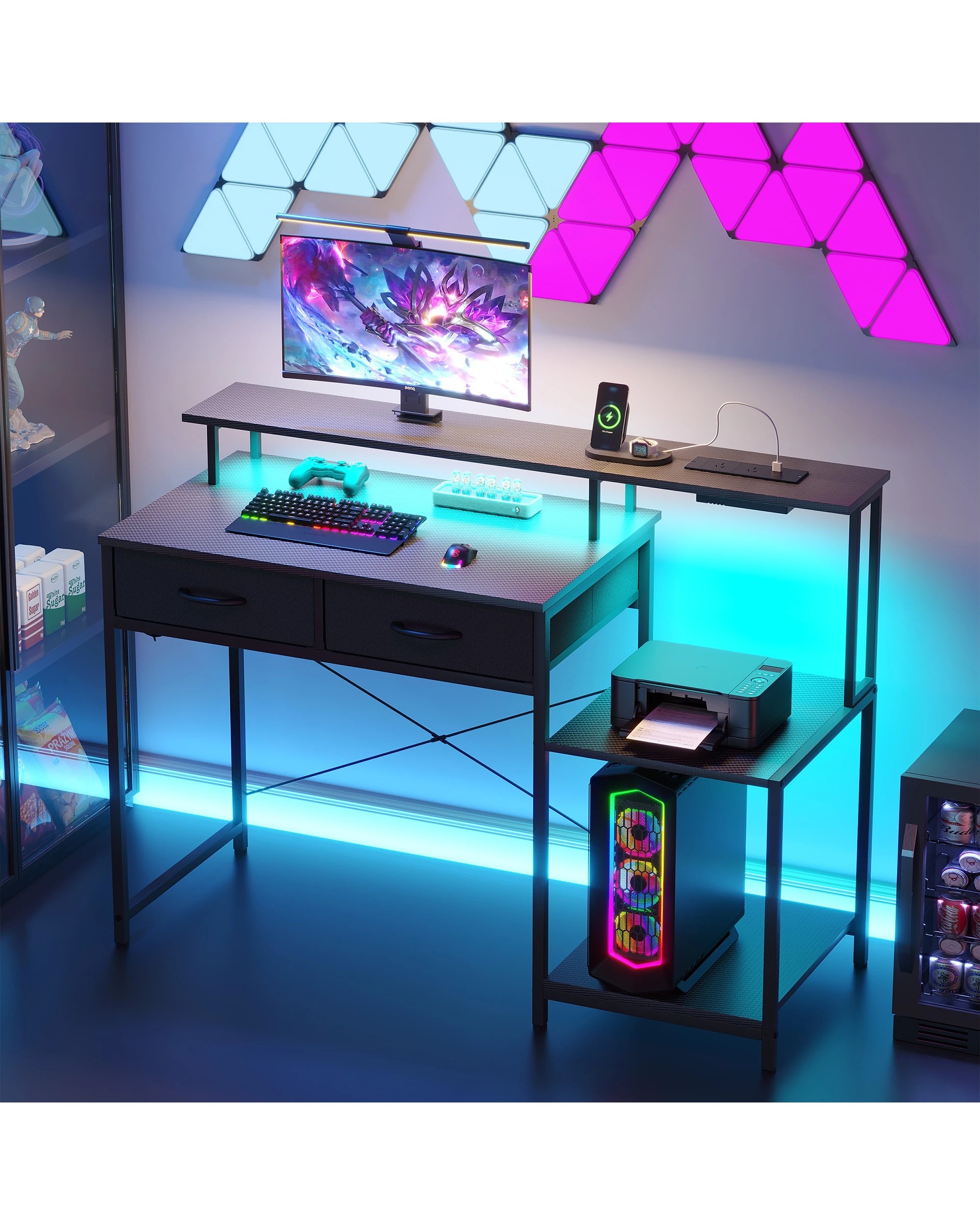 4 Advwin 120cm Computer Gaming Desk With Led Lights Power Outlets Reversible Printer Storage Shelf, 4 of 10