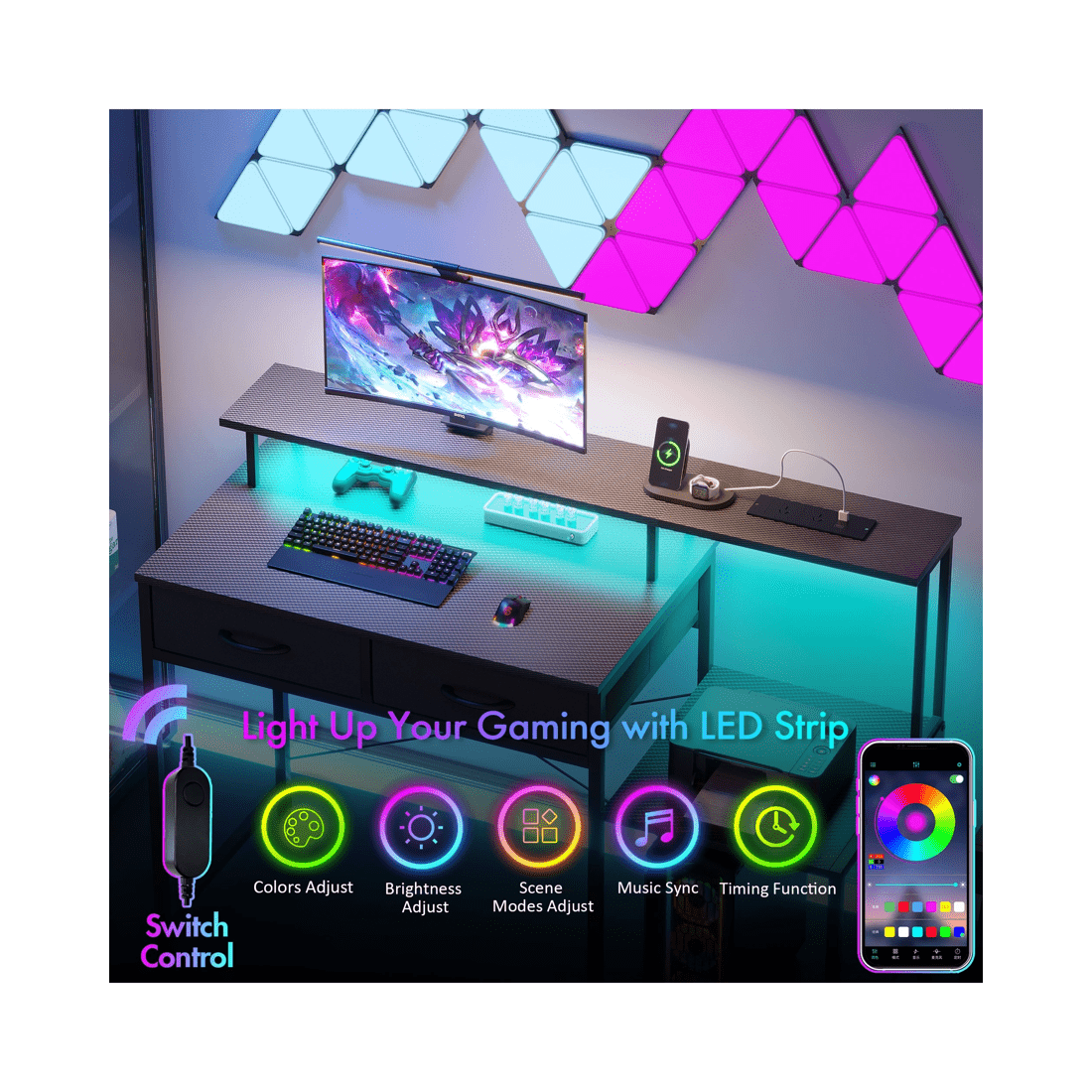 5 Advwin 120cm Computer Gaming Desk With Led Lights Power Outlets Reversible Printer Storage Shelf Black, 5 of 10