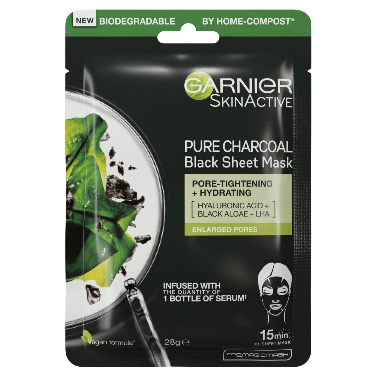 1 Garnier SkinActive Pure Charcoal Black Sheet Mask 28g - Black Algae, LHA & Hyaluronic Acid, 1 of 10