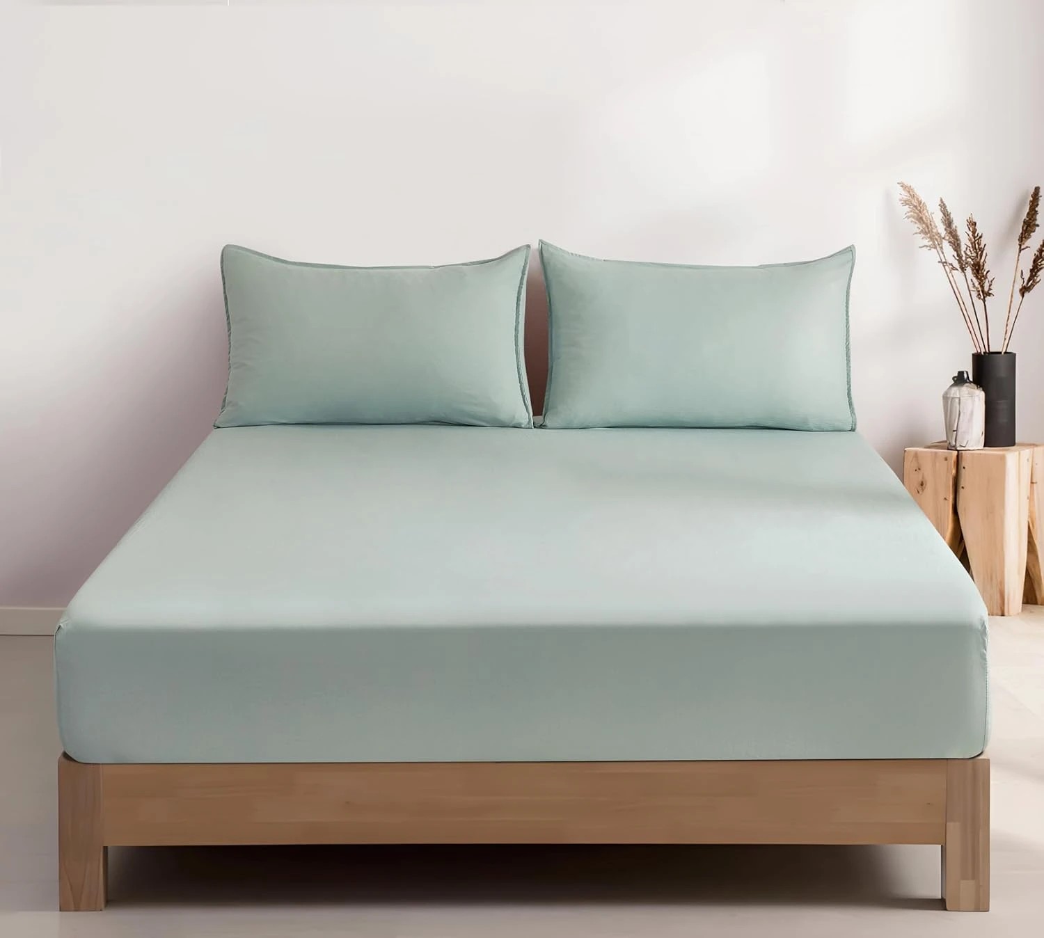 1 CleverPolly 100% Vintage Washed Microfibre Fitted Sheet Set - Sage - Queen Bed, 1 of 5