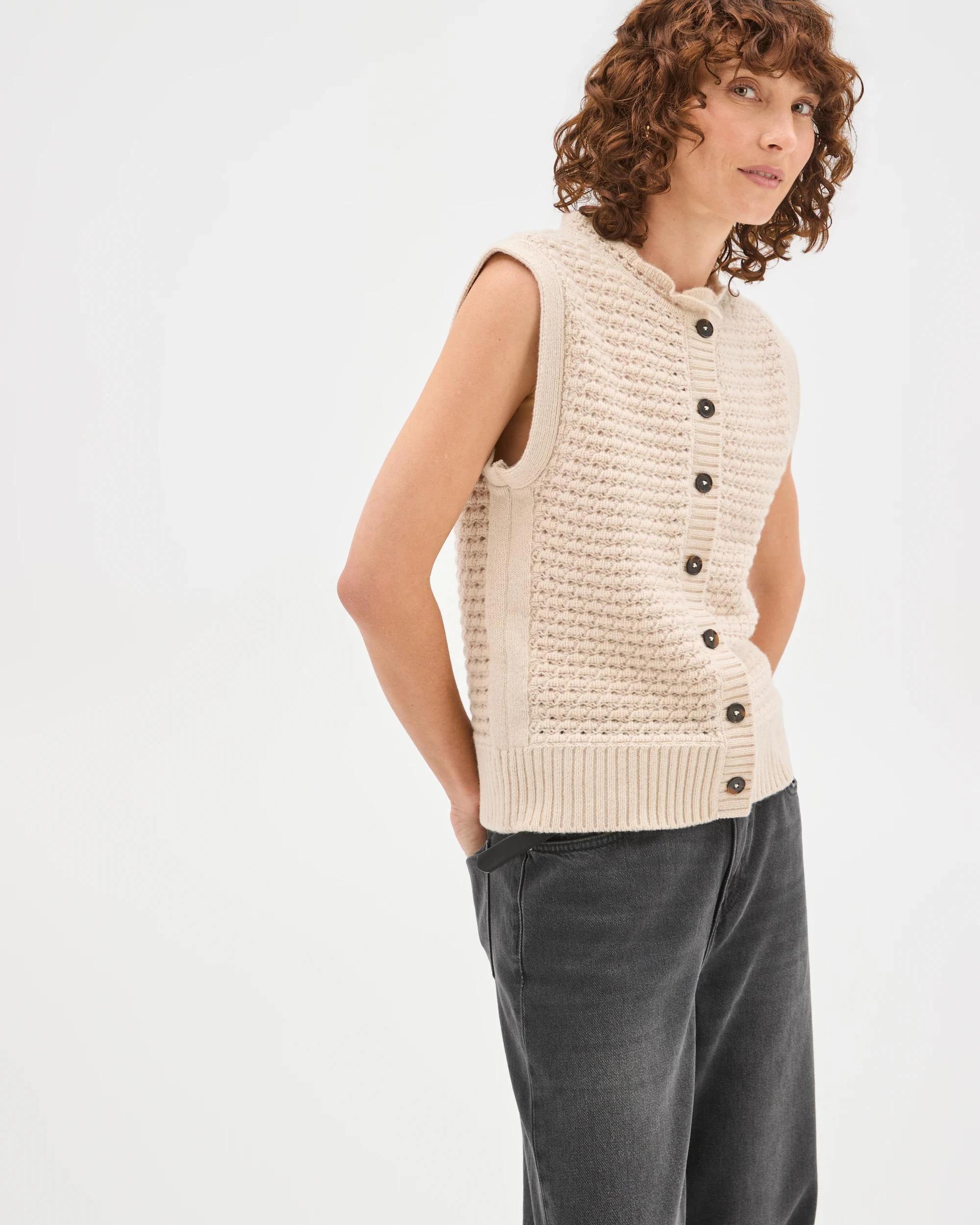 5 Target Woman Basket Stitch Ruffle Neck Vest PUMICE, 5 of 7