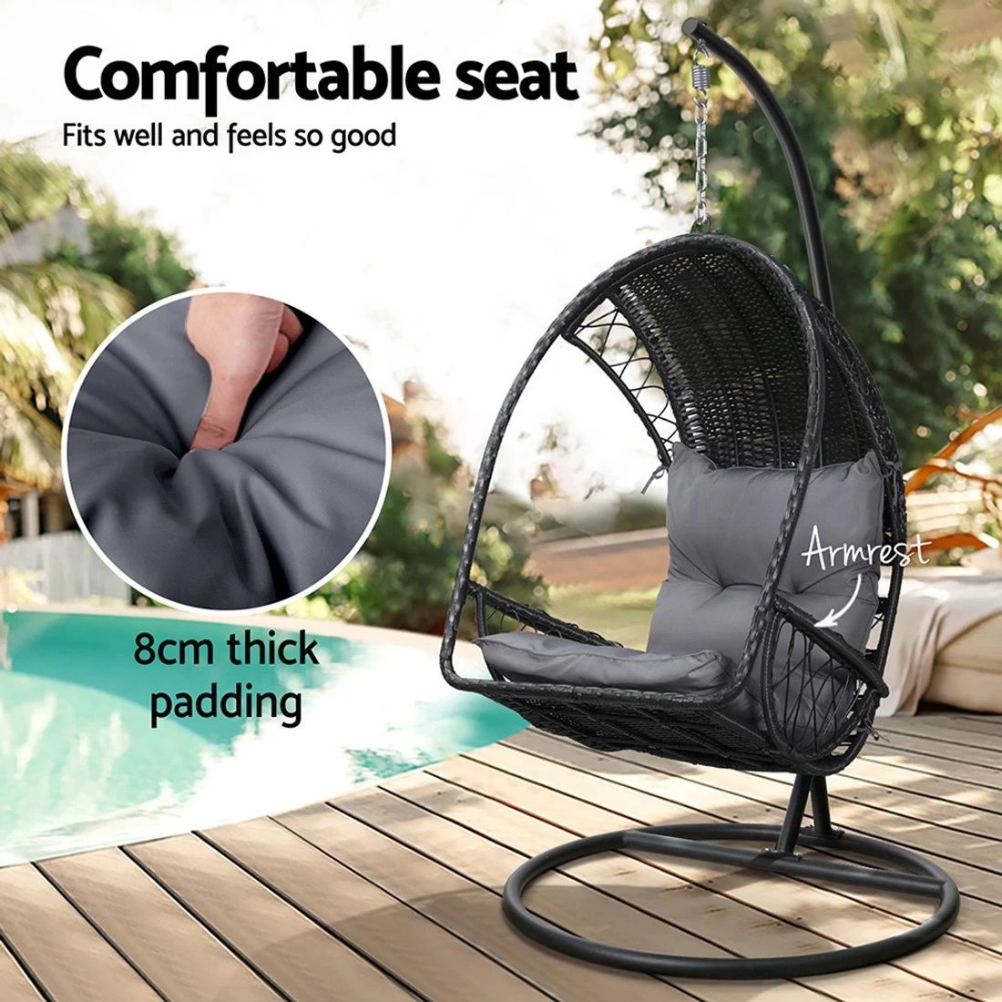 6 Gardeon Outdoor Egg Swing Chair Wicker Furniture Pod Stand Armrest - Black, 6 of 7