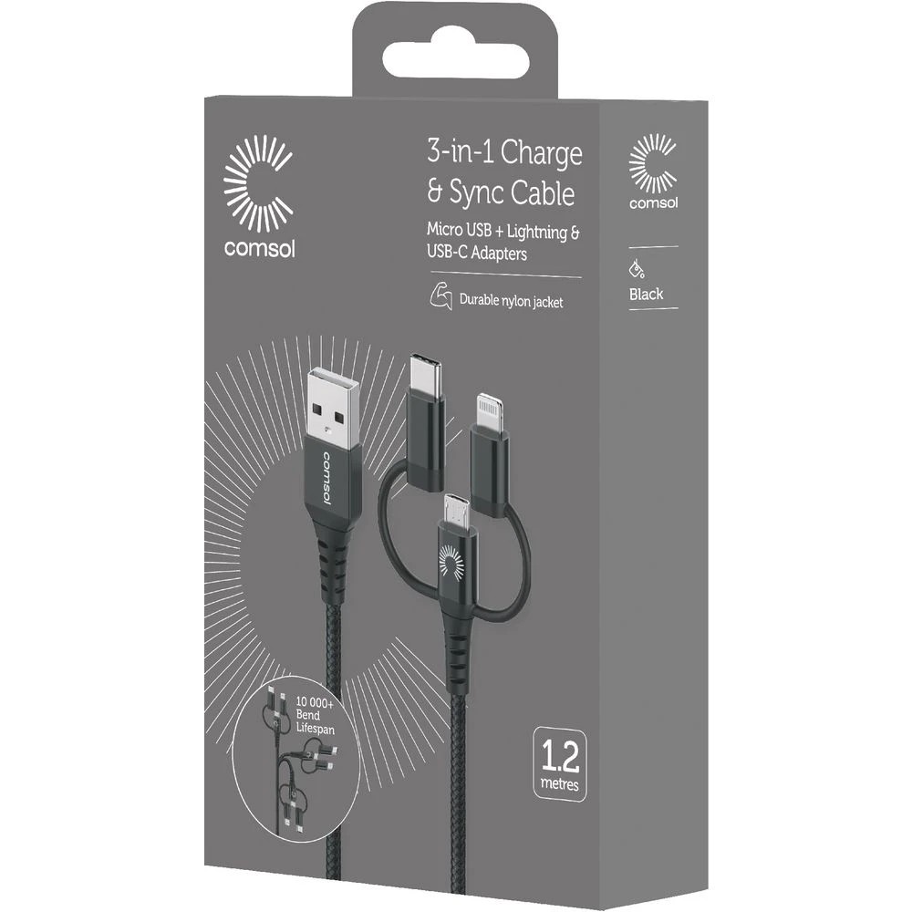 3 Comsol Lightning/USB-C/Micro to USB-A MFi Cable 1.2m Black, 3 of 3