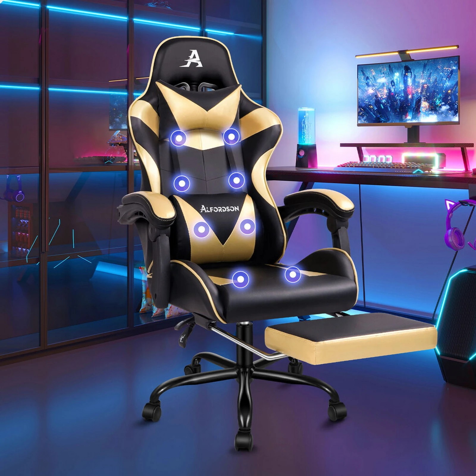 10 Alfordson Gaming Chair Office Massage Computer Racing Seat PU Leather - Gold, 10 of 10