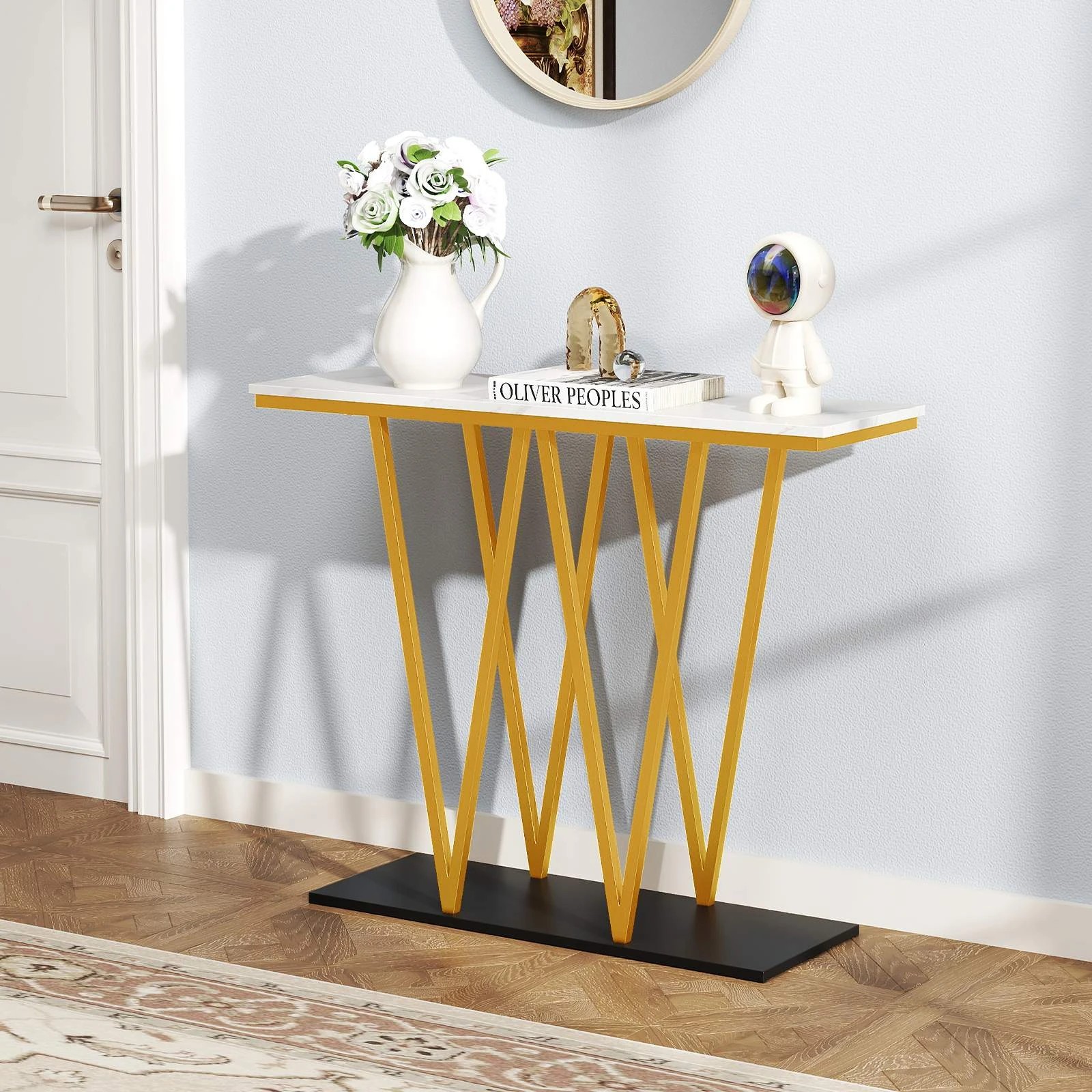 2 Costway Gold Entryway Table 100cm Modern Console Table w/Faux Marble Top, 2 of 4