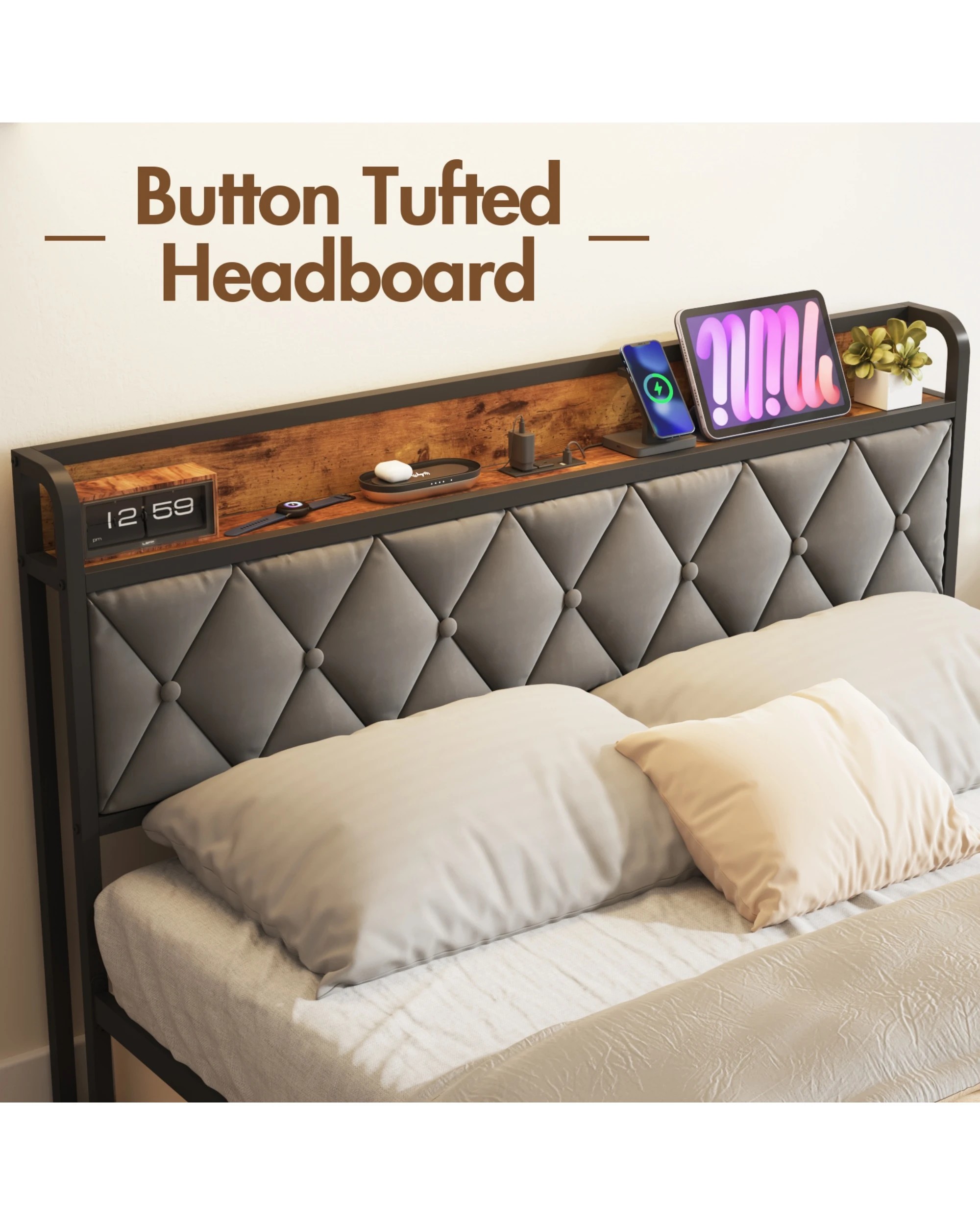 5 Advwin Queen Bed Frame With Charging Station & Usb Ports Storage Tufted Headboard Shelf, 5 of 8