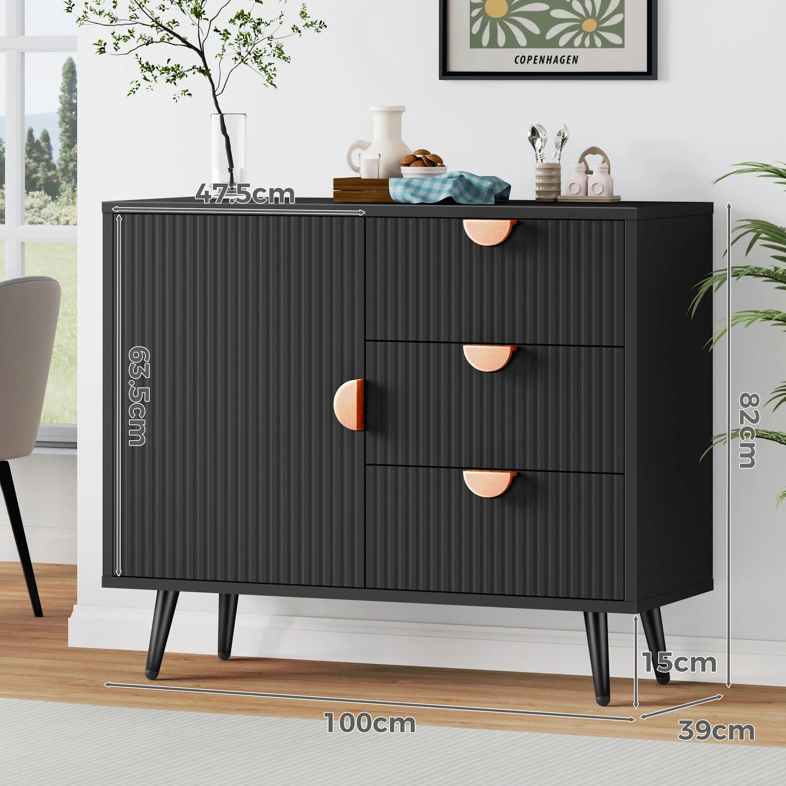 9 Alfordson Buffet Sideboard Cabinet Storage Cupboard Kitchen Doors Drawers - Black, 9 of 10