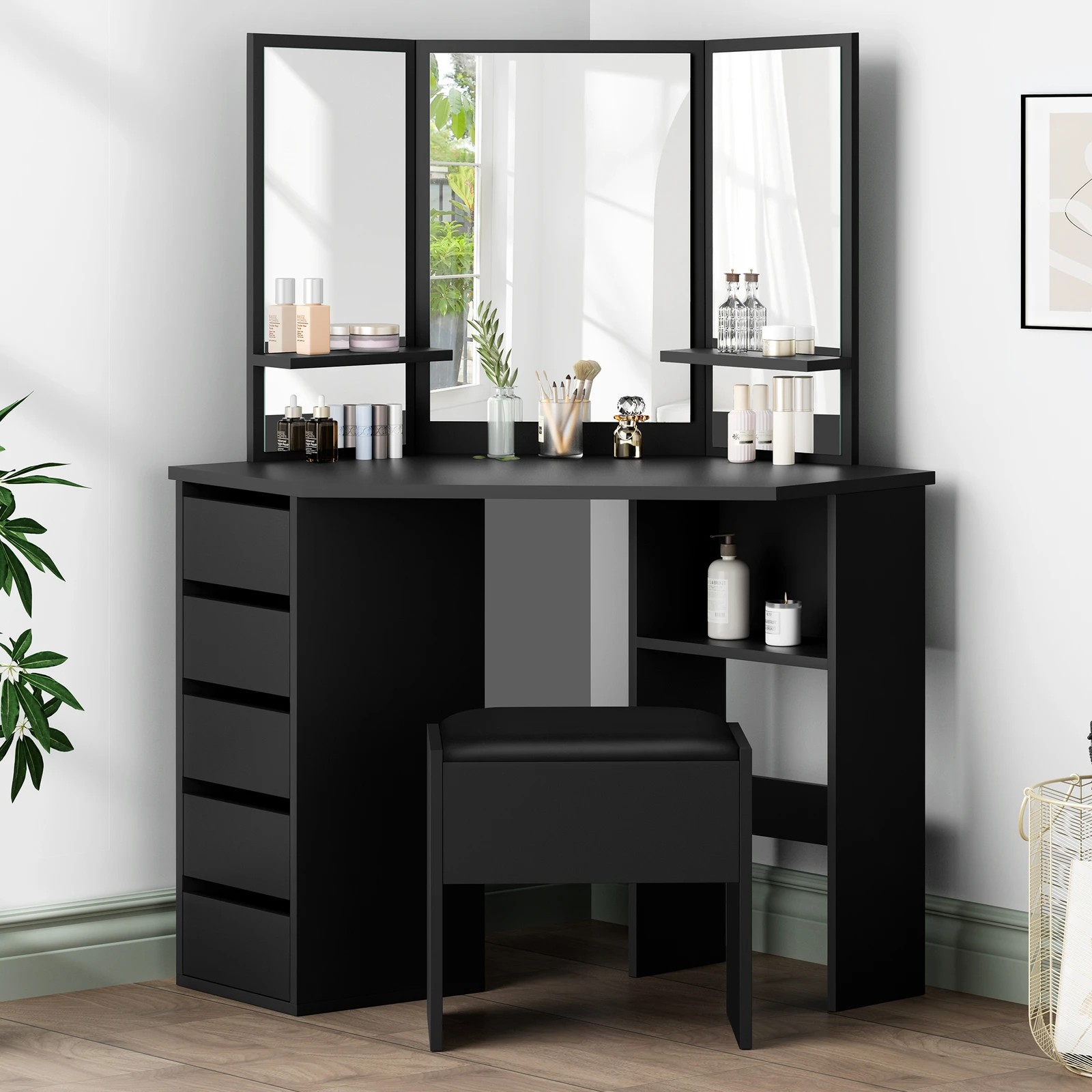 1 Alfordson Dressing Table Stool Set Makeup Tri-fold Mirror Vanity Desk - Black, 1 of 10