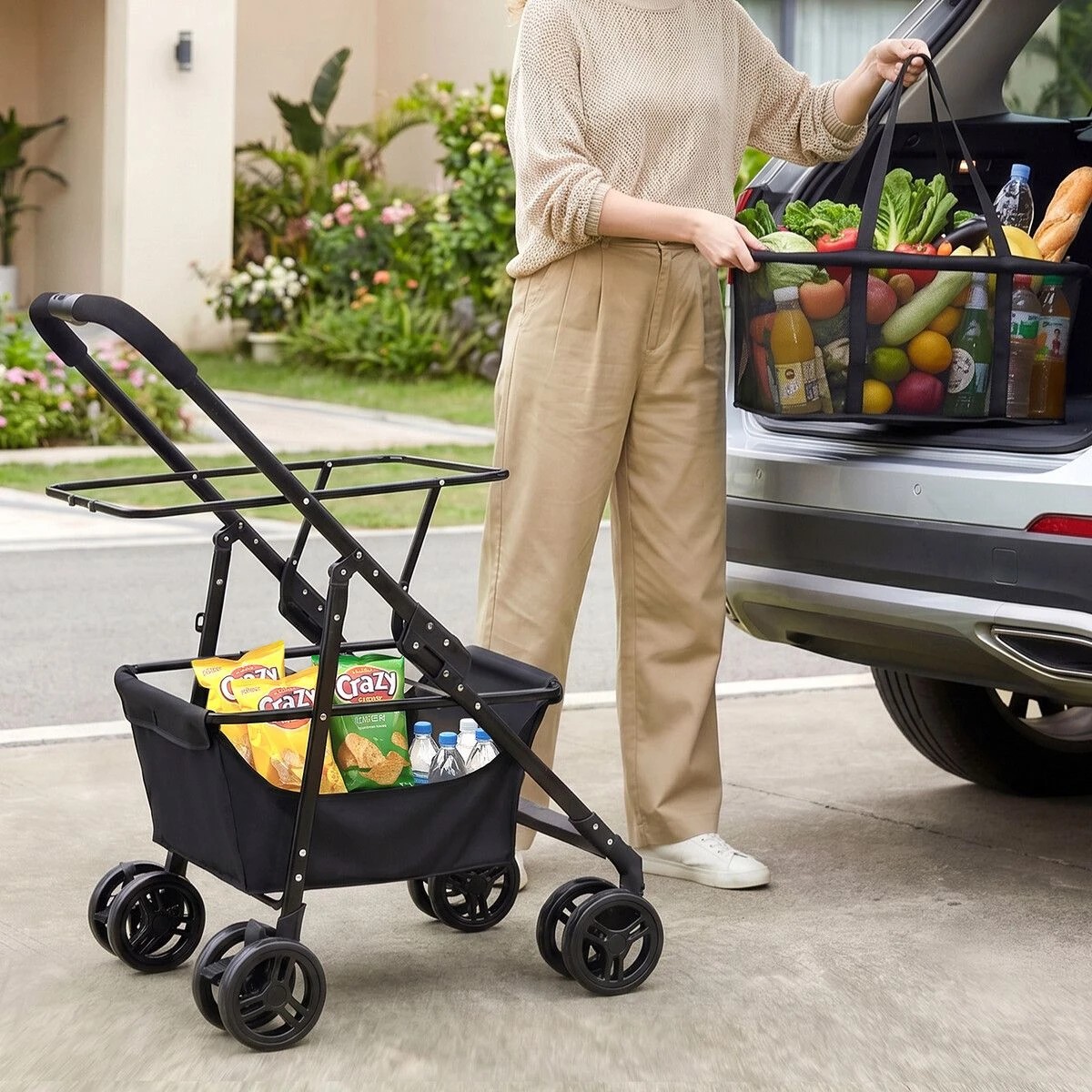 2 AUSWAY 2 Tier Foldable Shopping Trolley with Wheels Collapsible Grocery Utility Cart Rolling Market Travel, 2 of 6