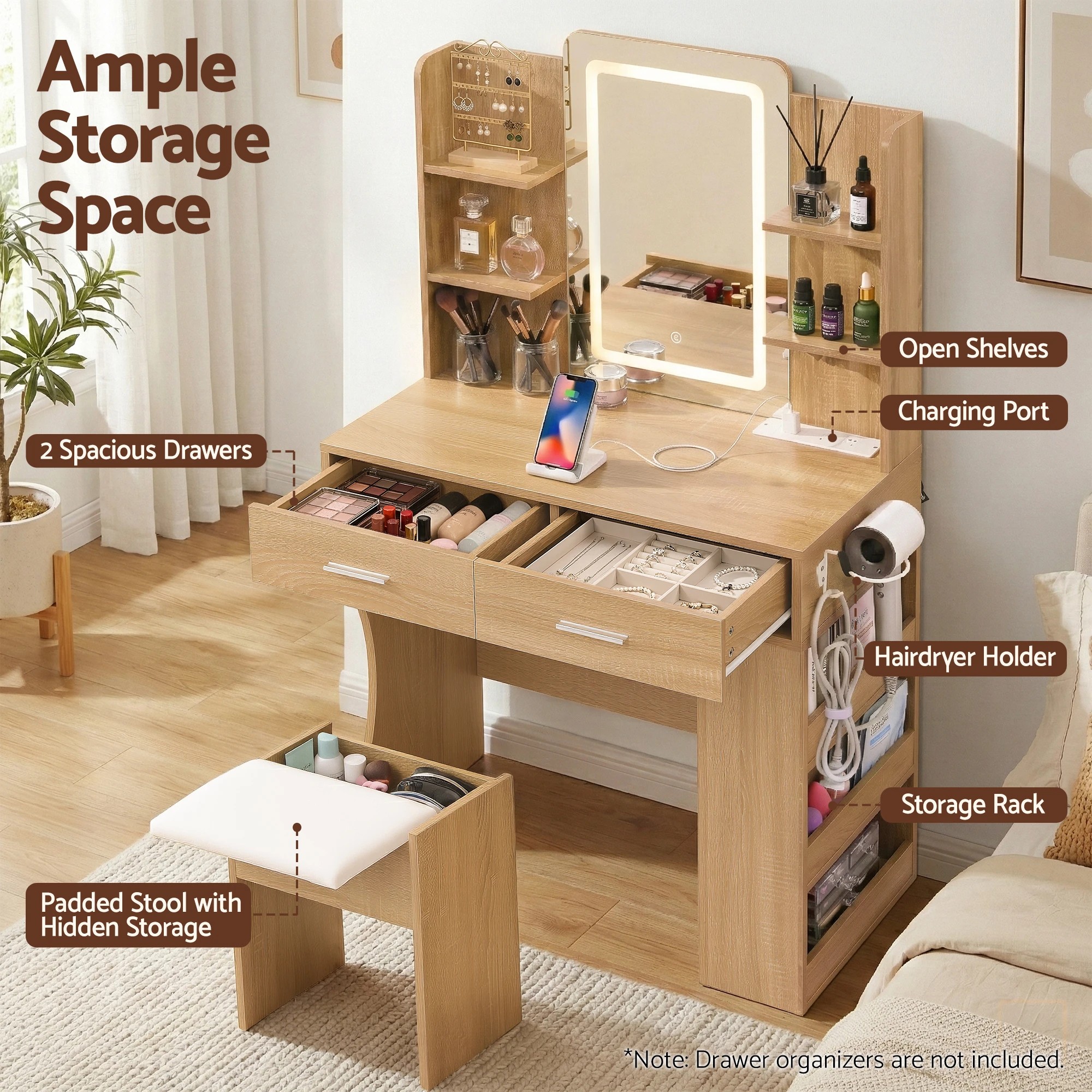 6 Artiss Dressing Table LED Vanity Desk Set Stool - Natural, 6 of 9