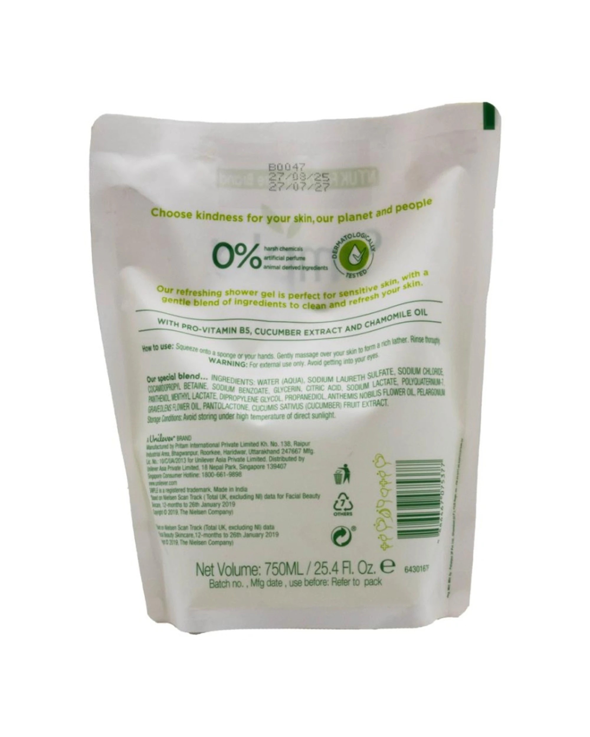 3 Simple 6PK Refreshing Shower Gel With Cucumber Extract For Sensitive Skin 750ml - White, 3 of 4