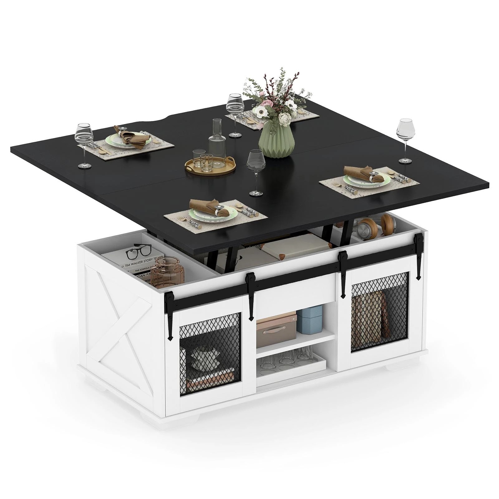 7 Costway Lift Top Coffee Table 3-in-1 Dining Table Farmhouse Center Table - Black, 7 of 7