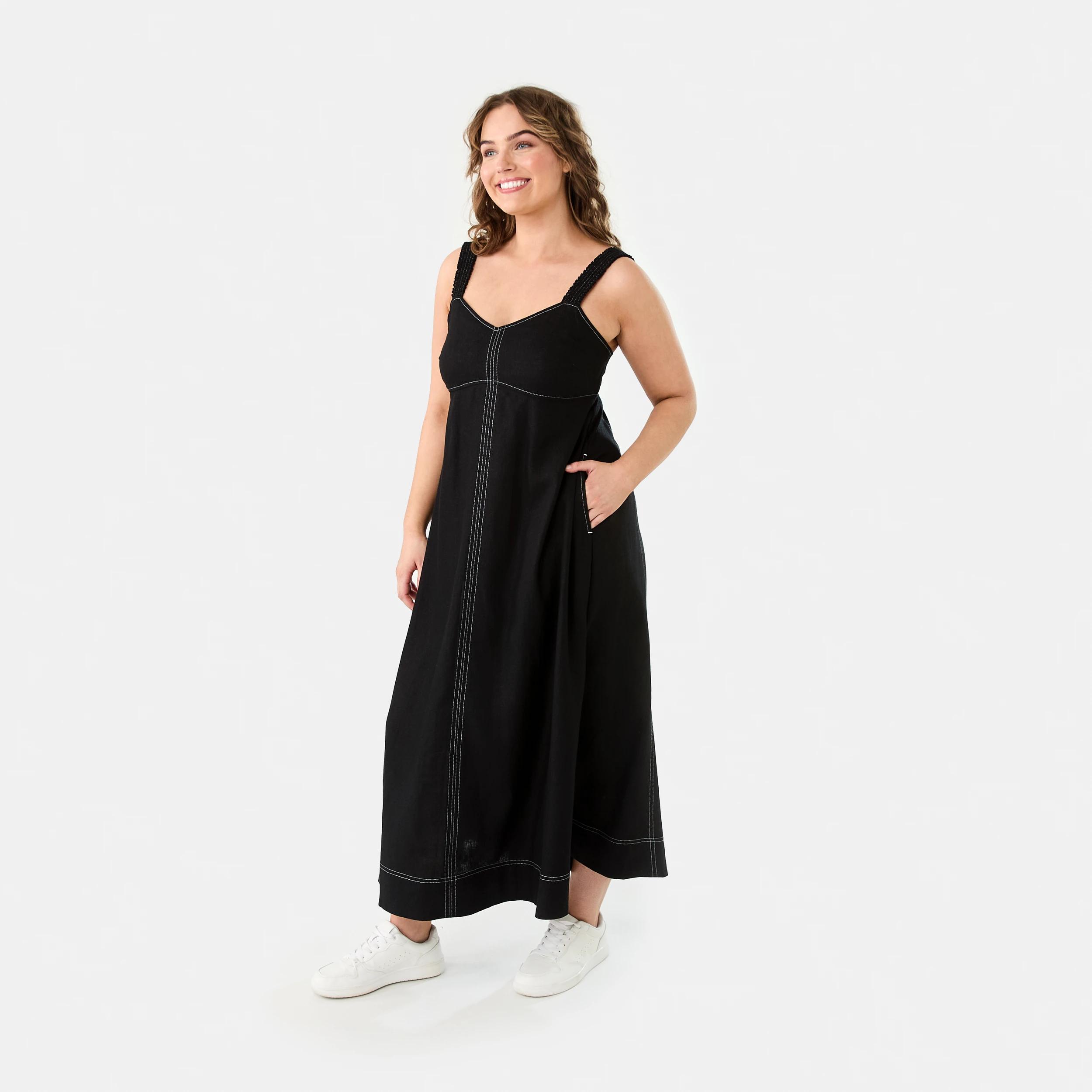 3 Sleeveless Contrast Linen Blend Maxi Dress Black, 3 of 7