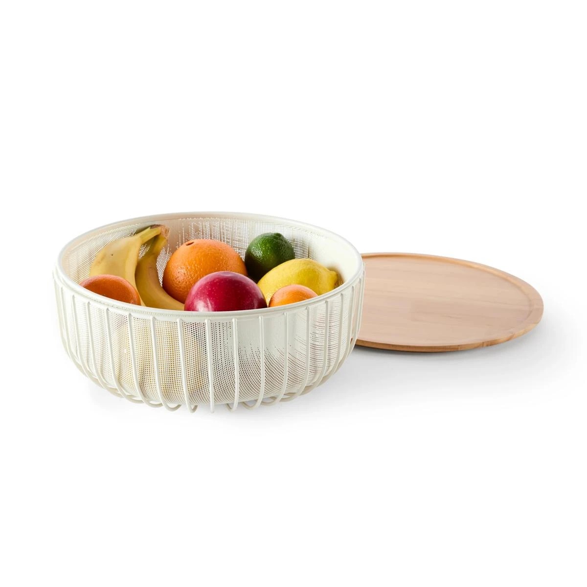 1 3 Piece Metal and Wood Fruit Bowl - White, 1 of 9